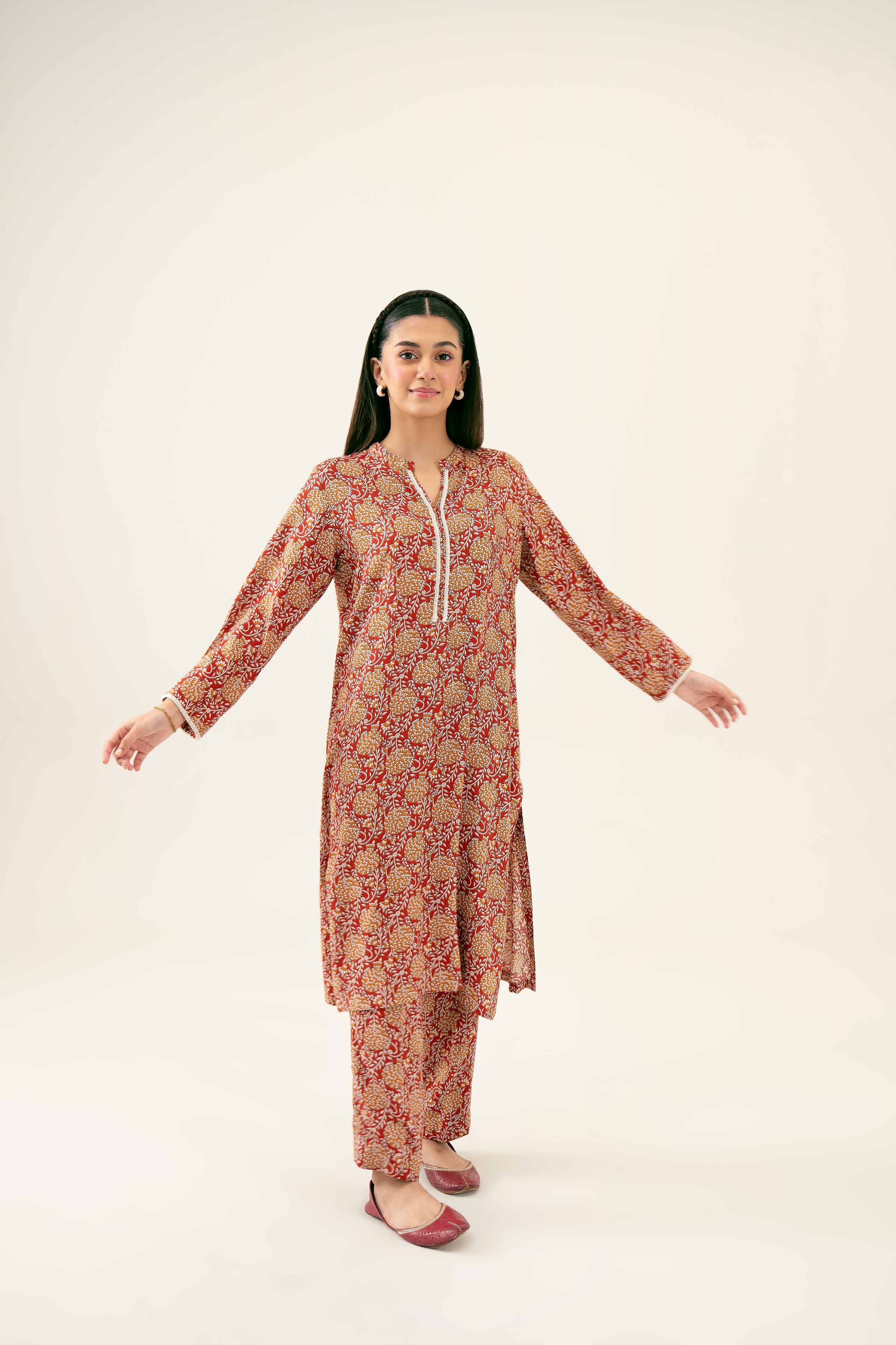 NishatUK - Maroon Printed Linen 2-piece ready to wear Dress