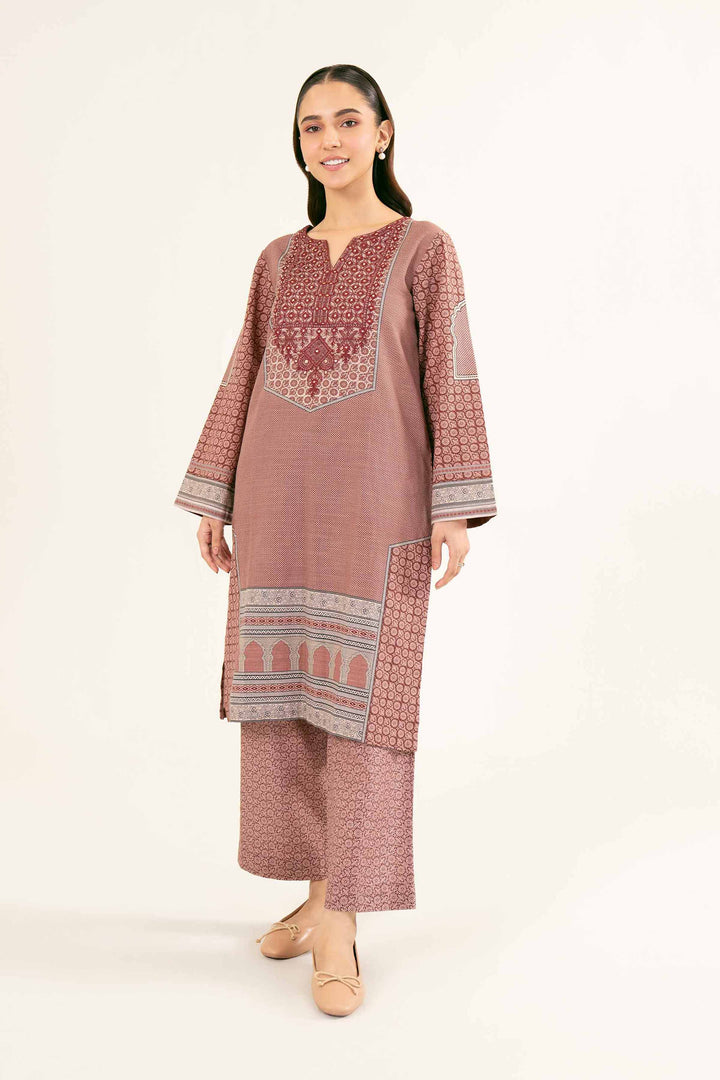 Printed Embroidered Maroon & Pink Khaddar Suit