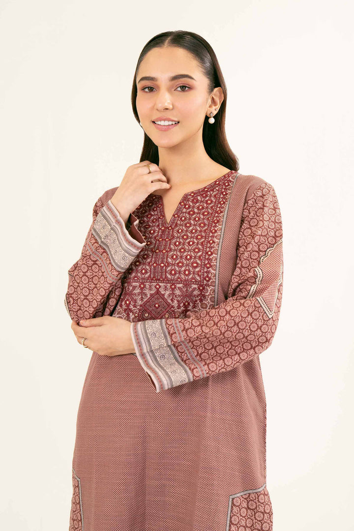 Printed Embroidered Maroon & Pink Khaddar Suit