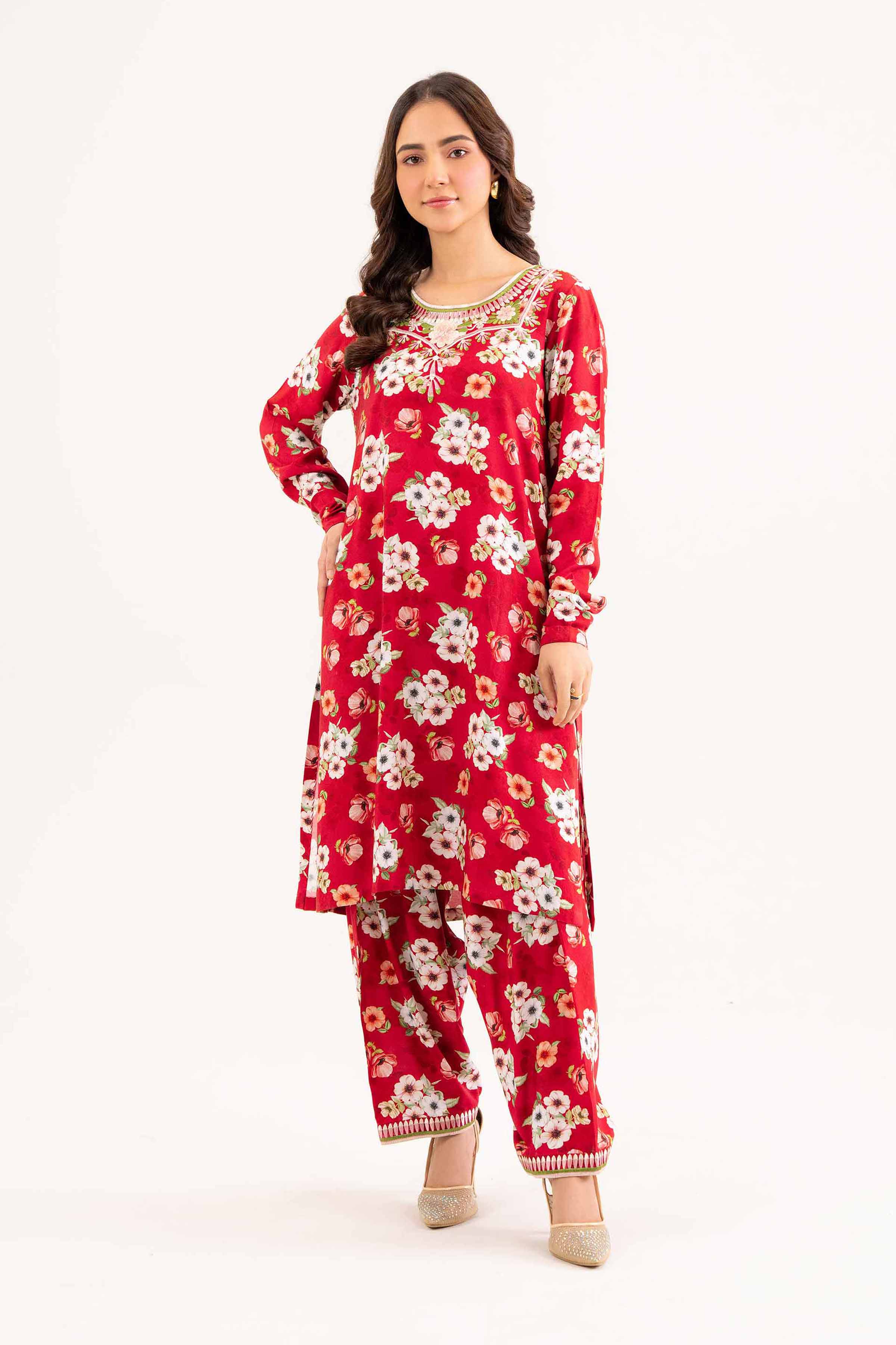 NishatUK - Red Embroidered  Linen 2-piece ready to wear Dress
