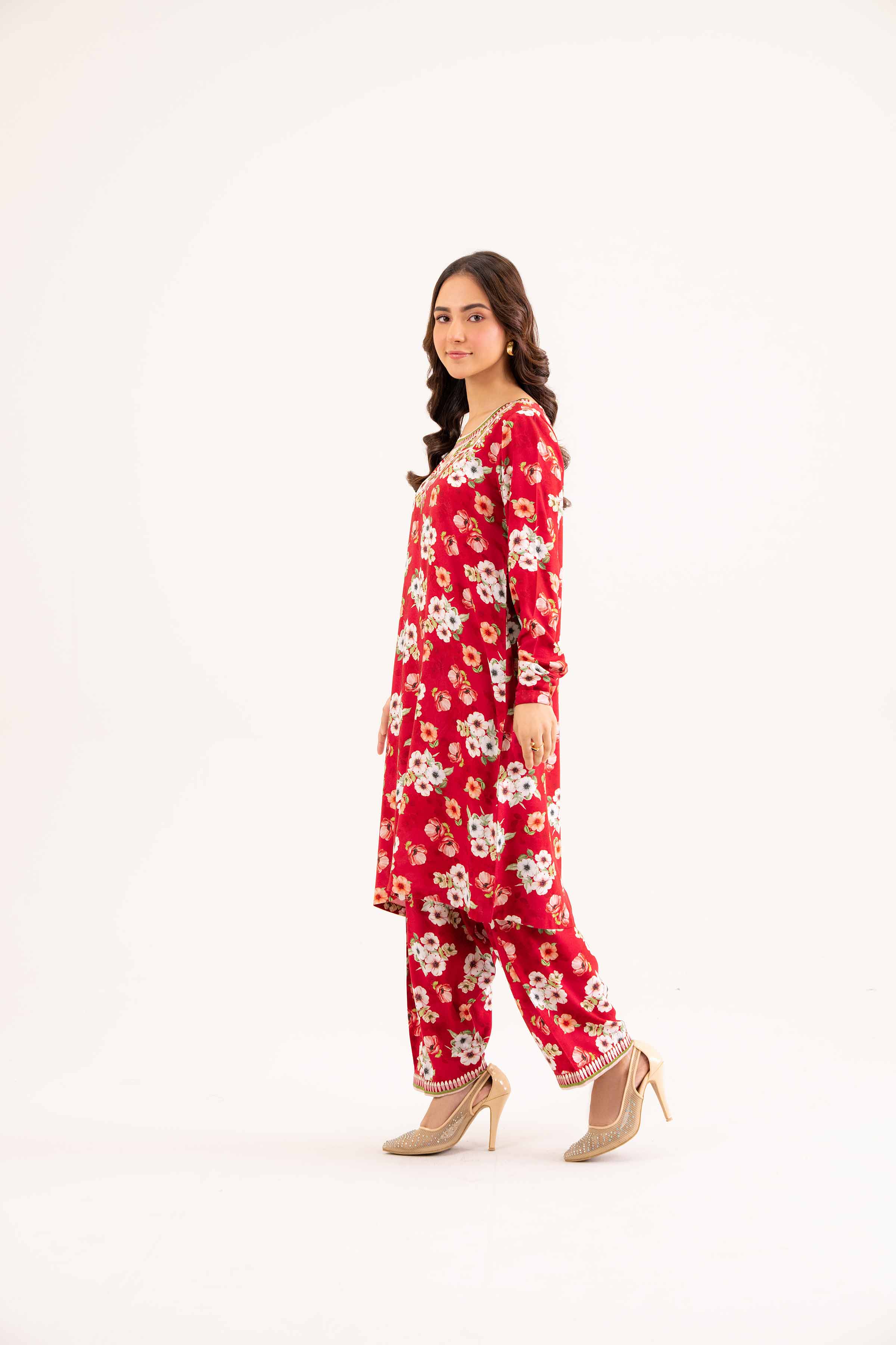 NishatUK - Red Embroidered  Linen 2-piece ready to wear Dress
