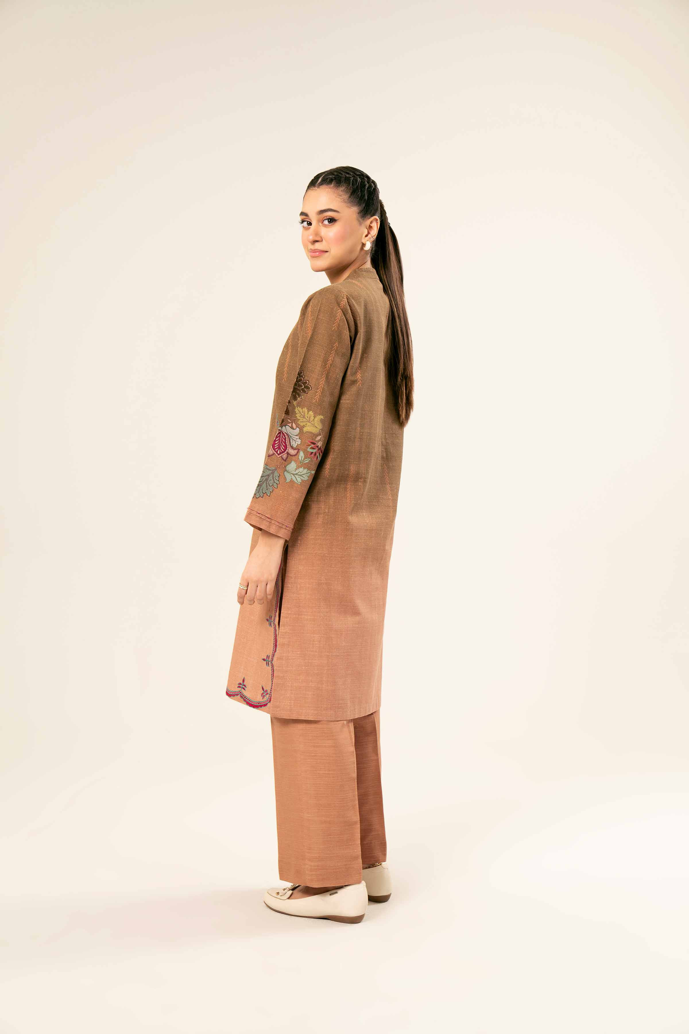 NishatUK - Brown Embroidered  Khaddar 2-piece ready to wear Dress