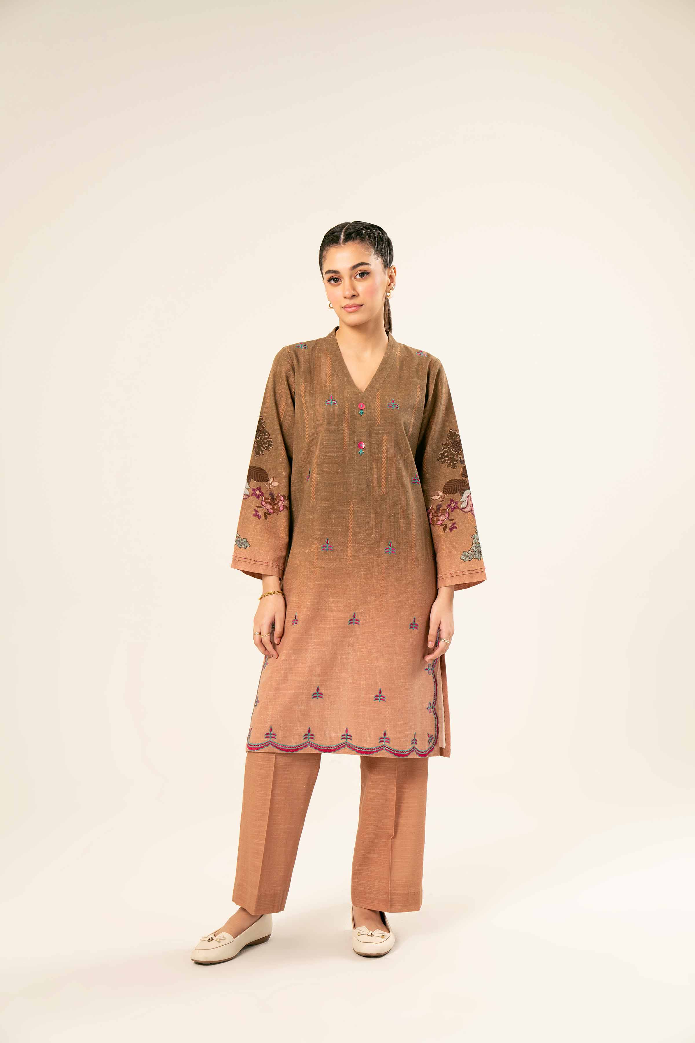 NishatUK - Brown Embroidered  Khaddar 2-piece ready to wear Dress