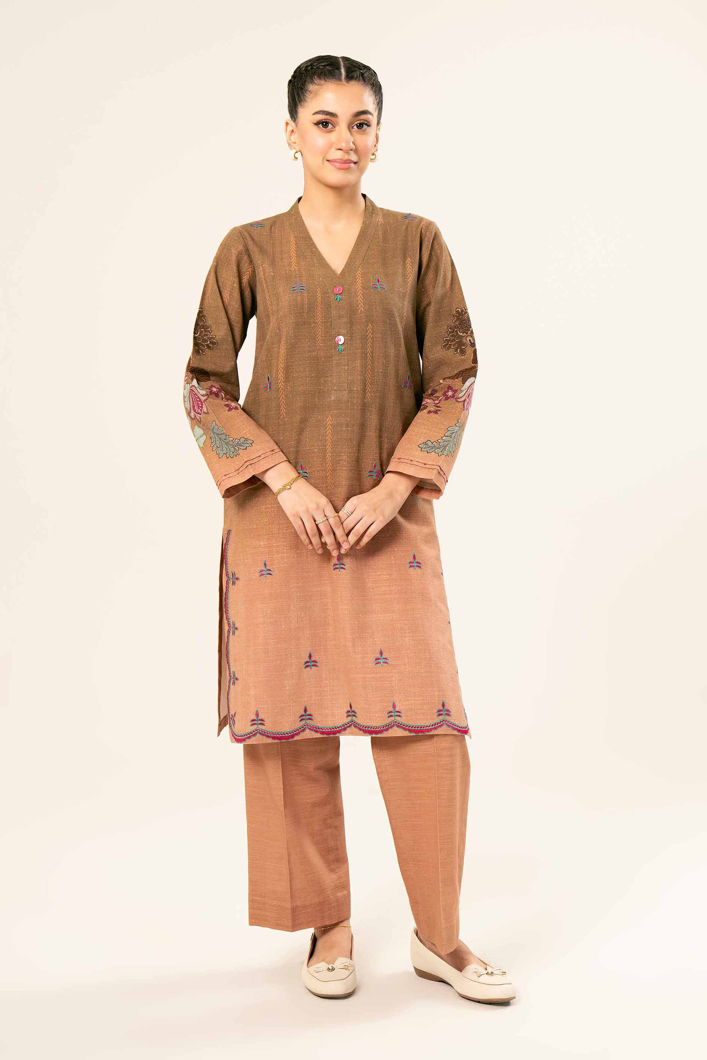 NishatUK - Brown Embroidered  Khaddar 2-piece ready to wear Dress