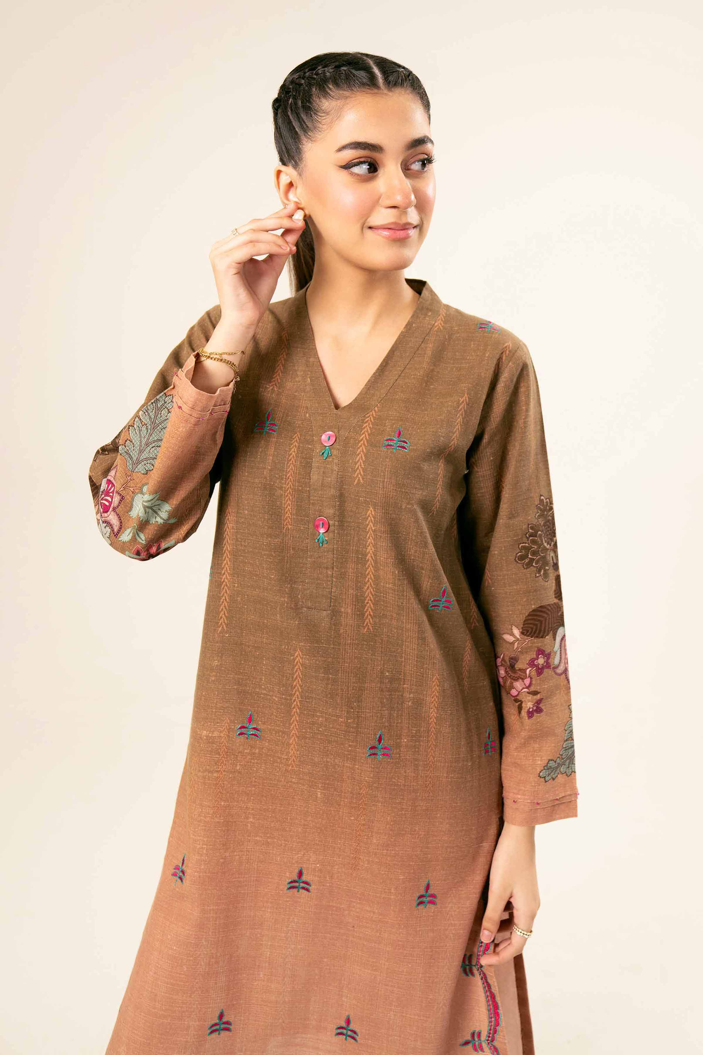 NishatUK - Brown Embroidered  Khaddar 2-piece ready to wear Dress