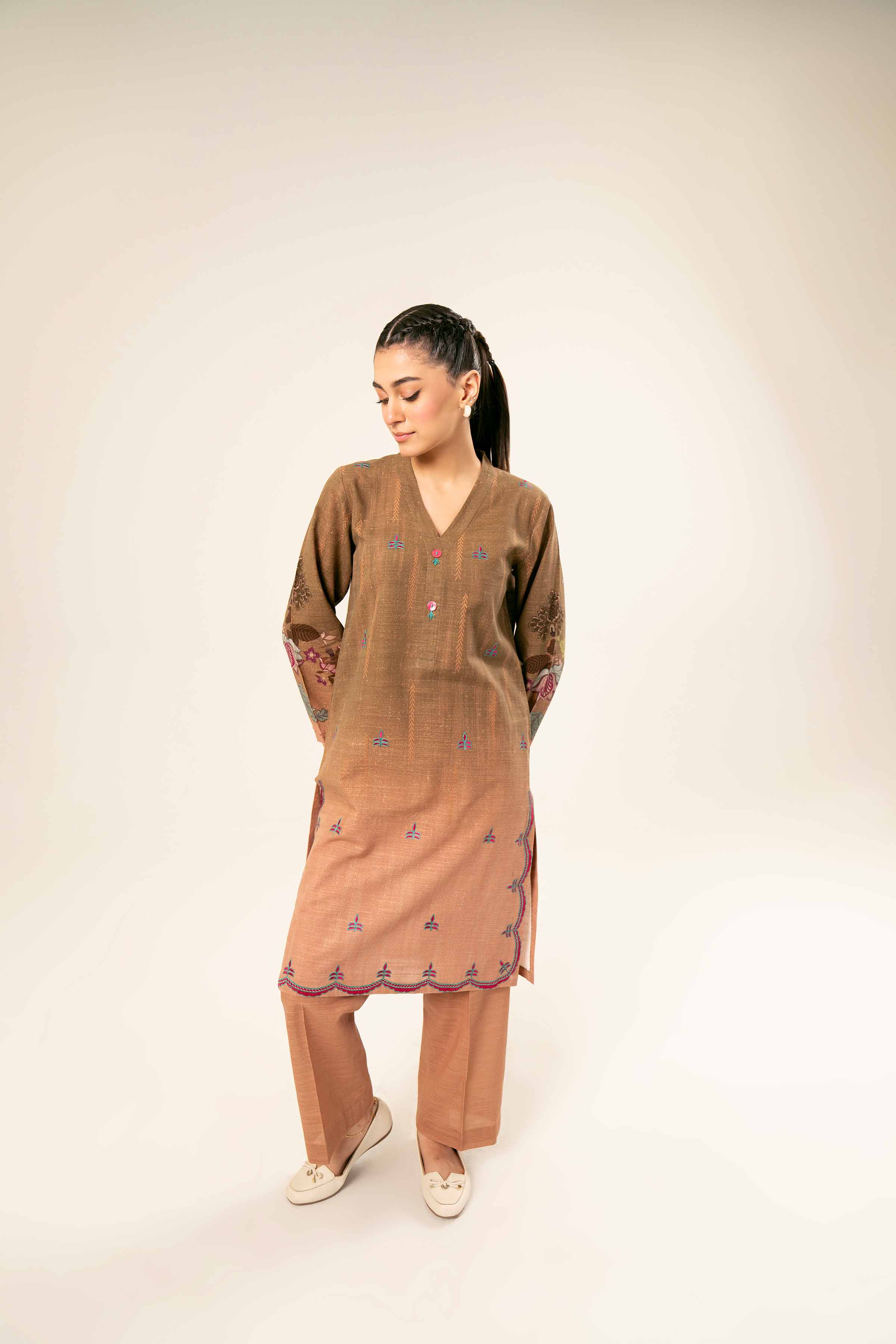 NishatUK - Brown Embroidered  Khaddar 2-piece ready to wear Dress