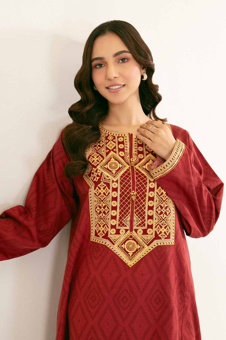 Printed Embroidered Maroon Karandi Suit