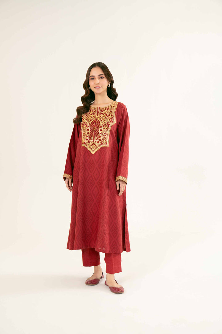 Printed Embroidered Maroon Karandi Suit