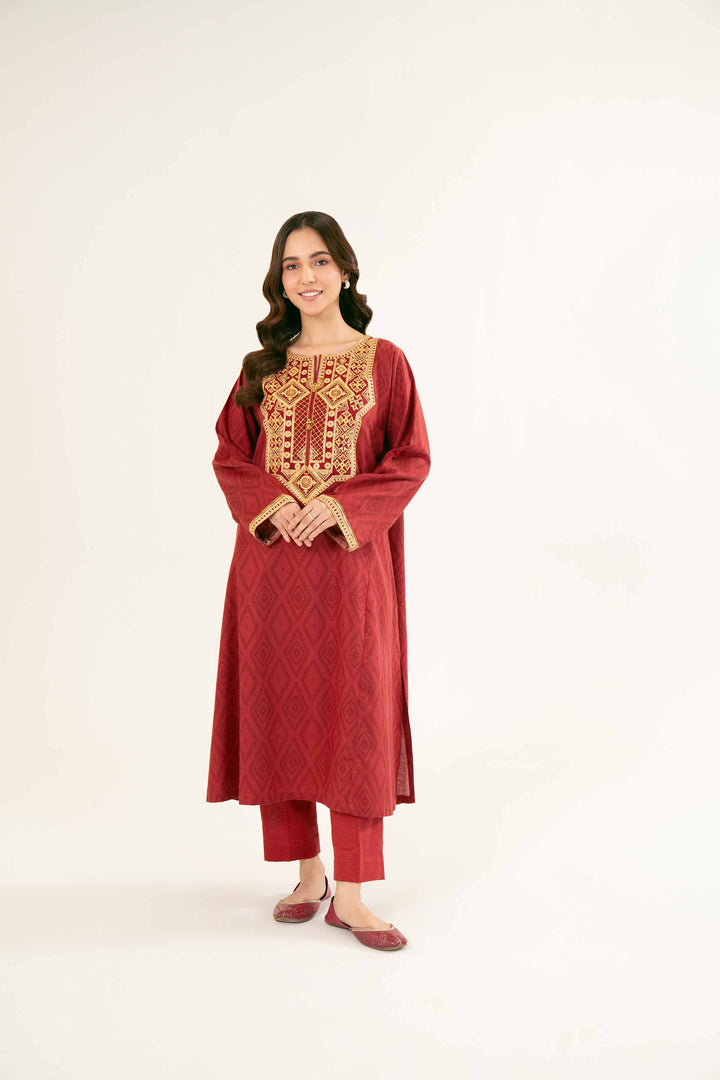 Printed Embroidered Maroon Karandi Suit