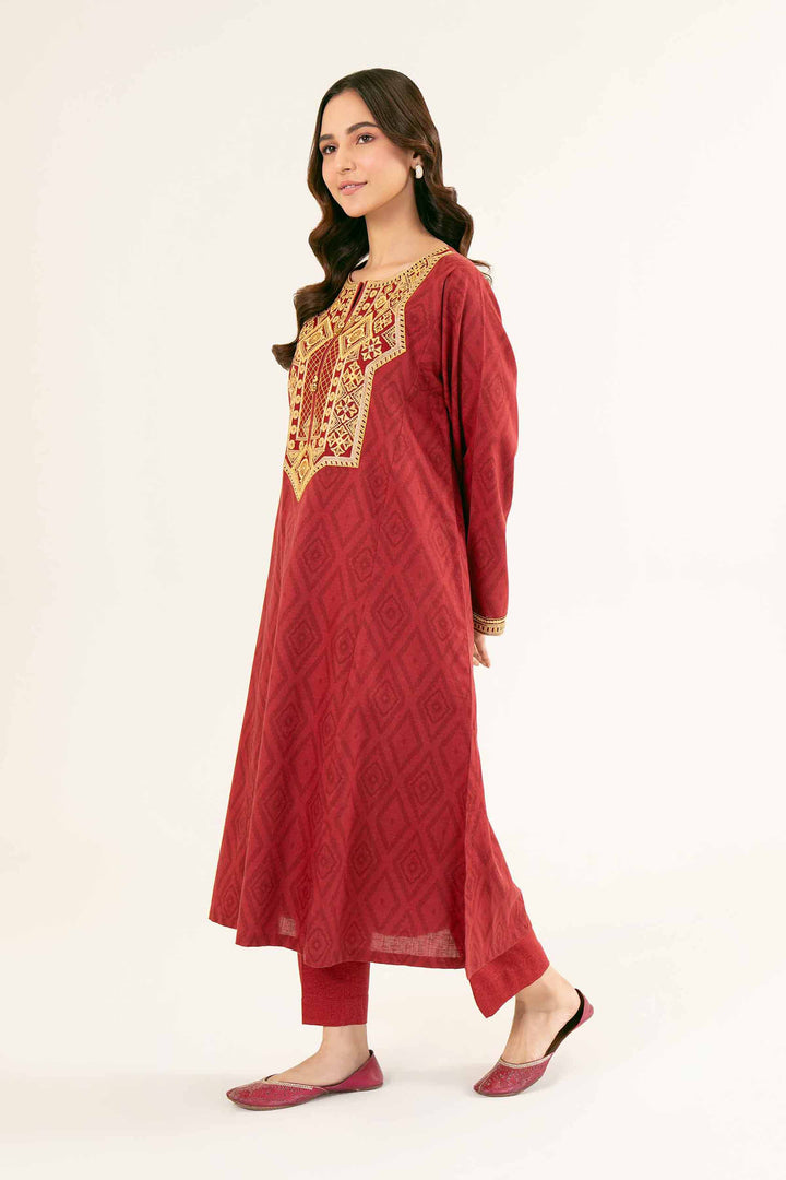 Printed Embroidered Maroon Karandi Suit