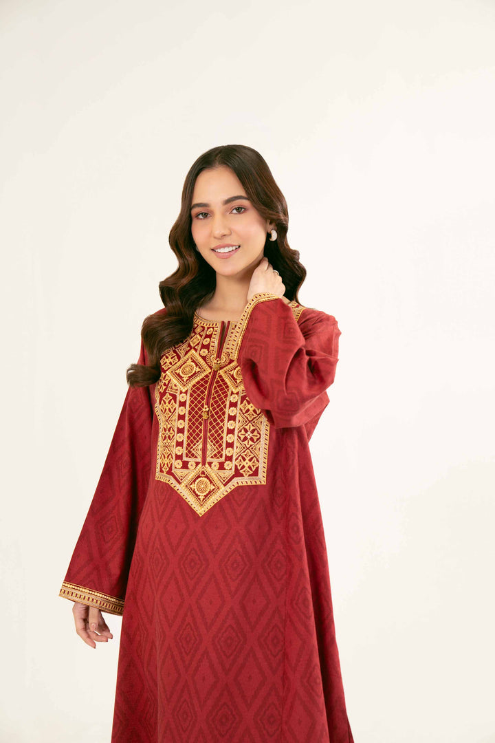 Printed Embroidered Maroon Karandi Suit