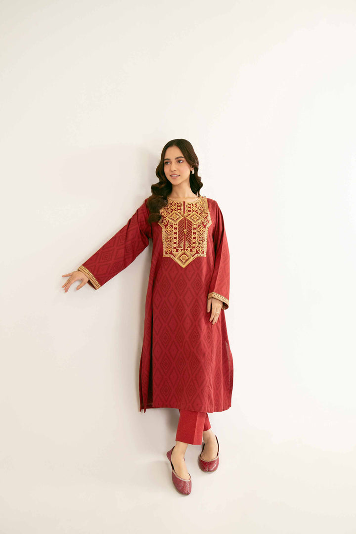 Printed Embroidered Maroon Karandi Suit