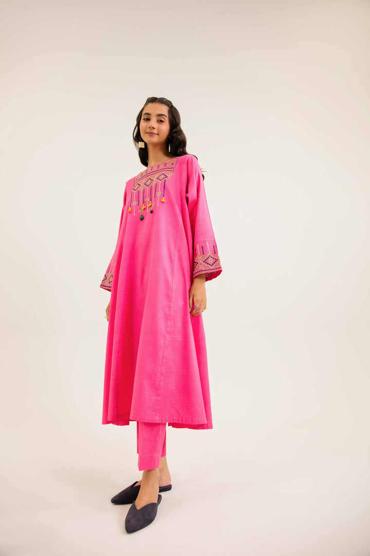 2 Piece Embroidered Winter Dobby Pink Suit