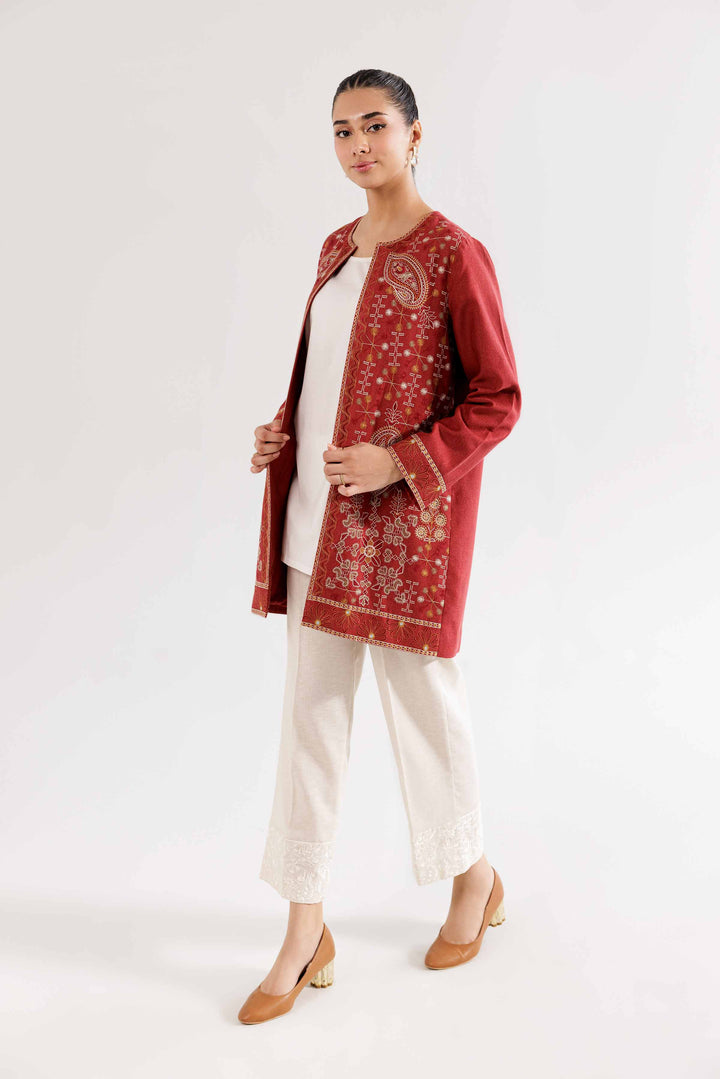 Karandi Maroon Embroidered Jacket