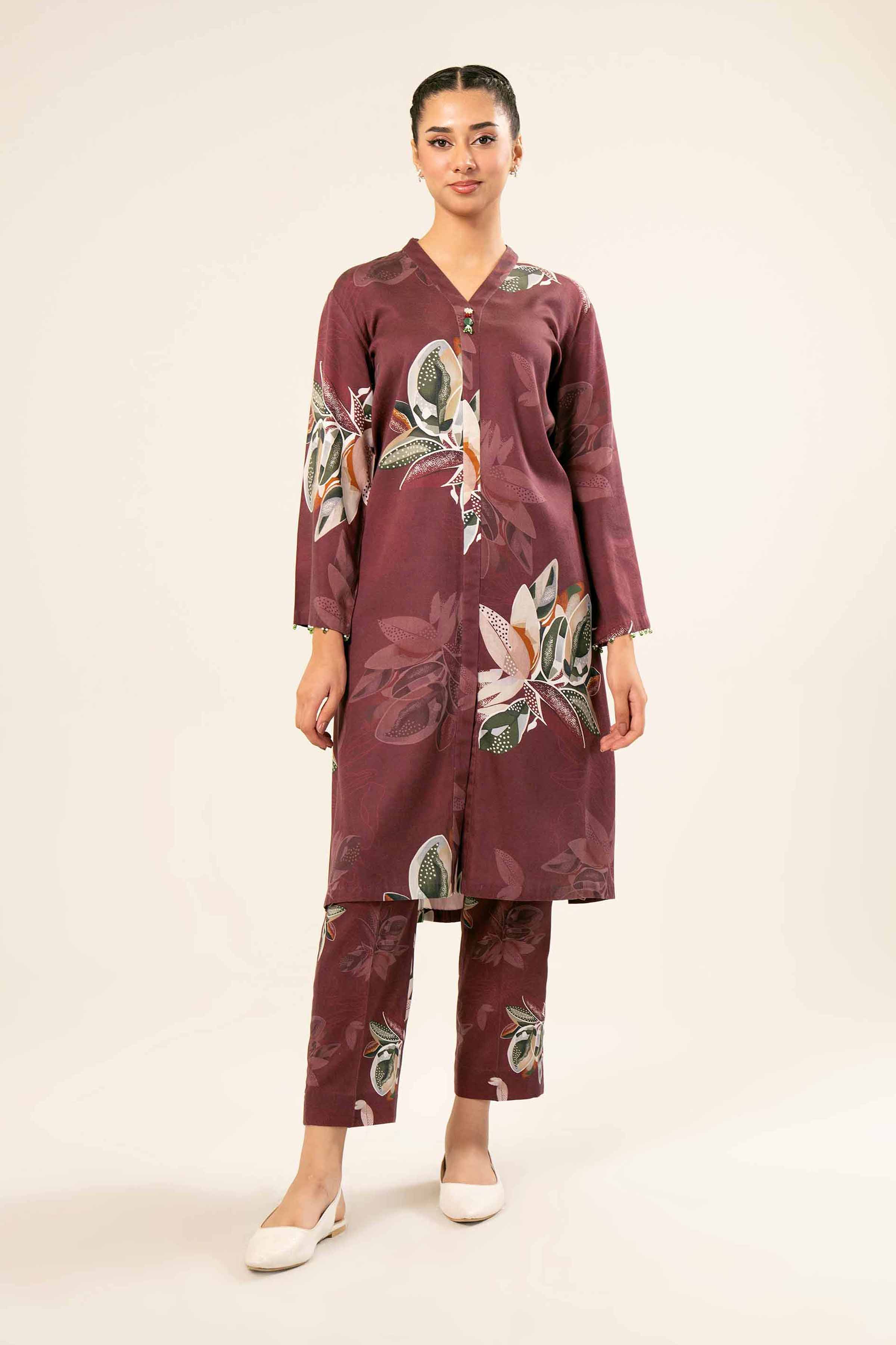 NishatUK - Brown Printed  Satin 2-piece ready to wear Dress