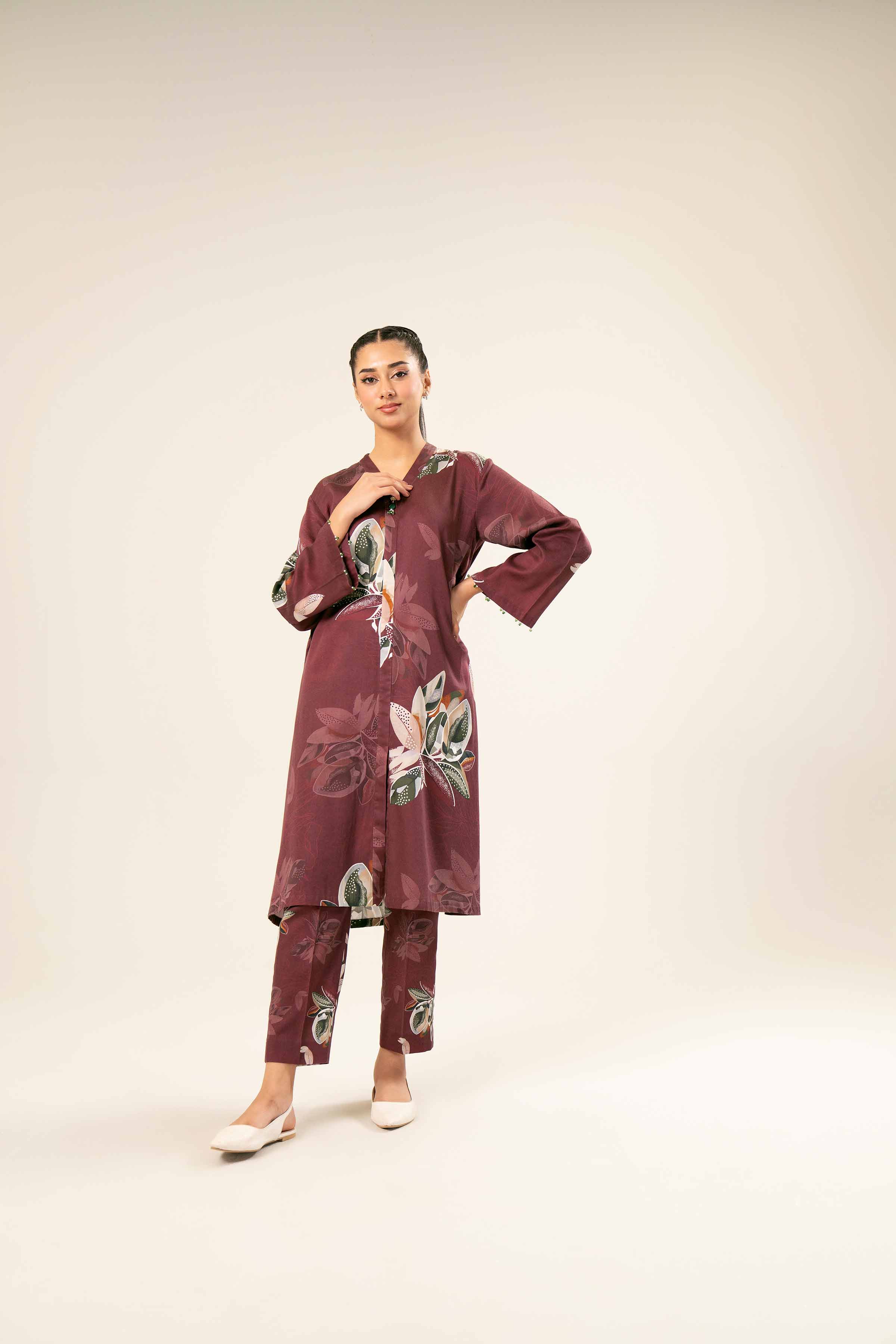 NishatUK - Brown Printed  Satin 2-piece ready to wear Dress