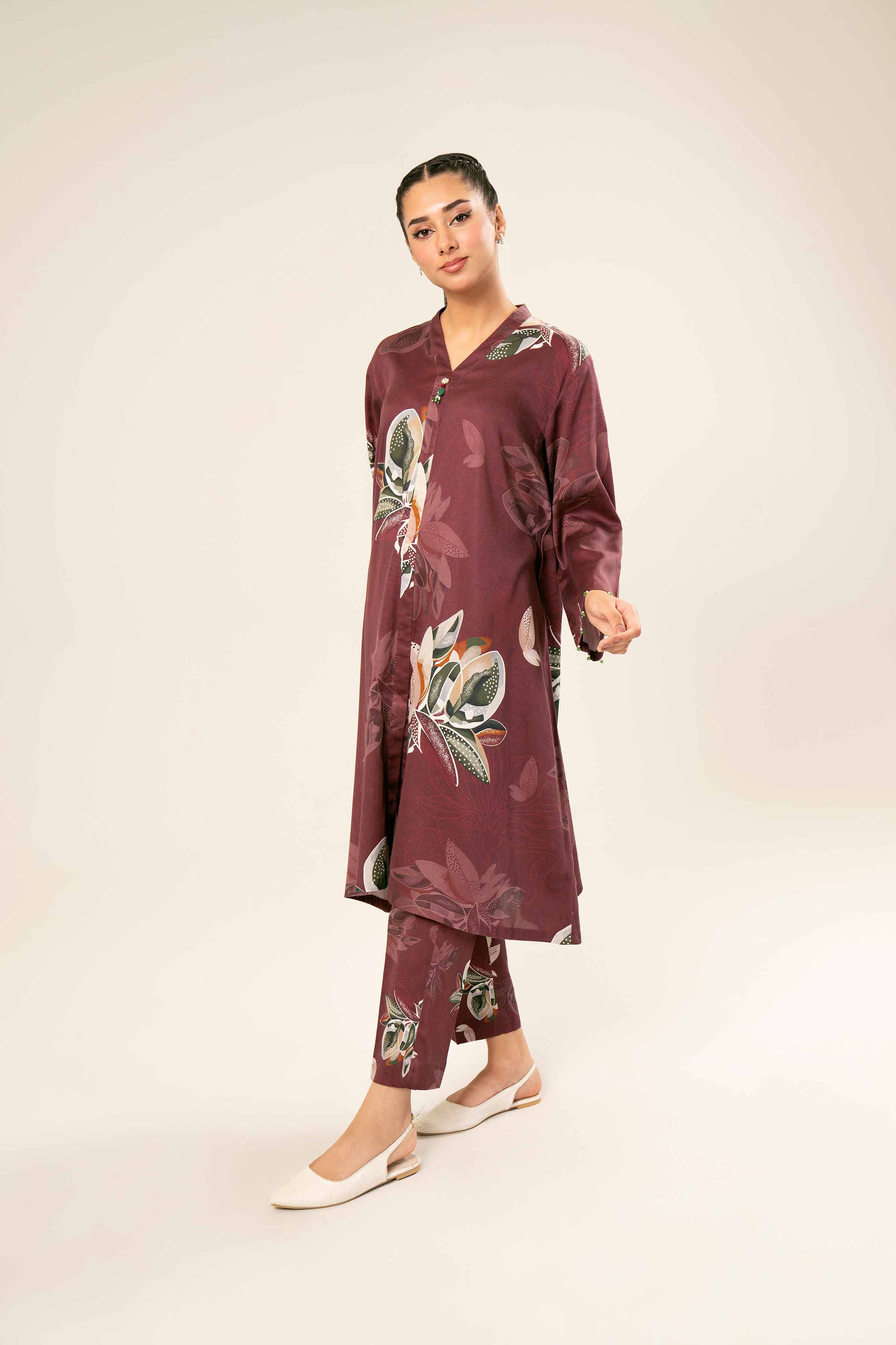 NishatUK - Brown Printed  Satin 2-piece ready to wear Dress