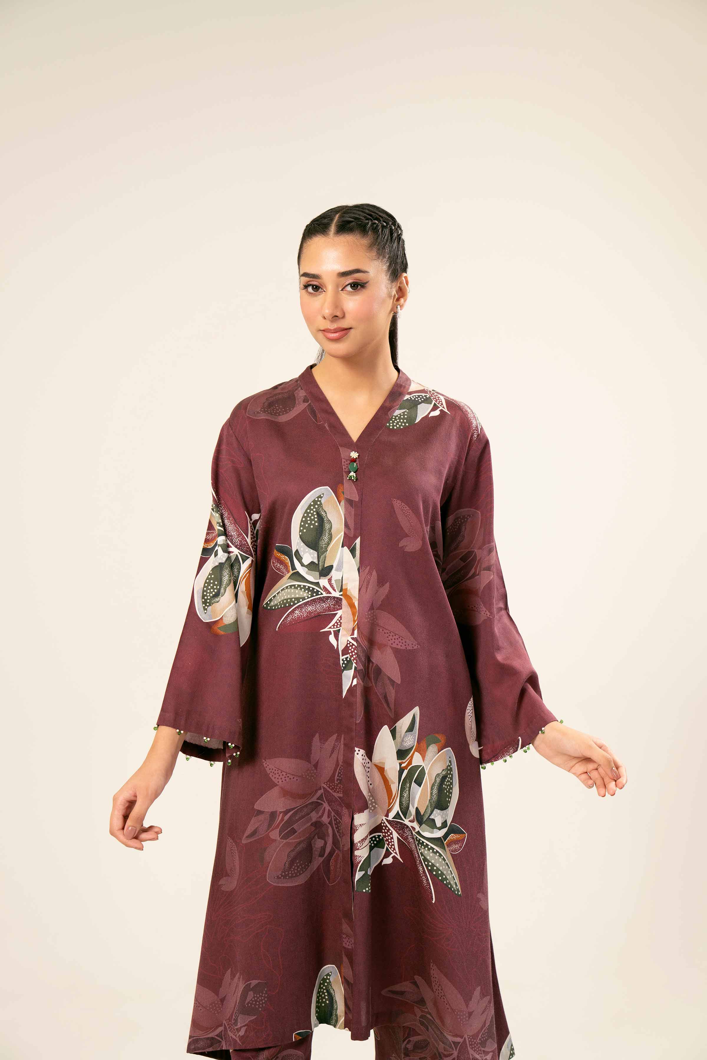NishatUK - Brown Printed  Satin 2-piece ready to wear Dress