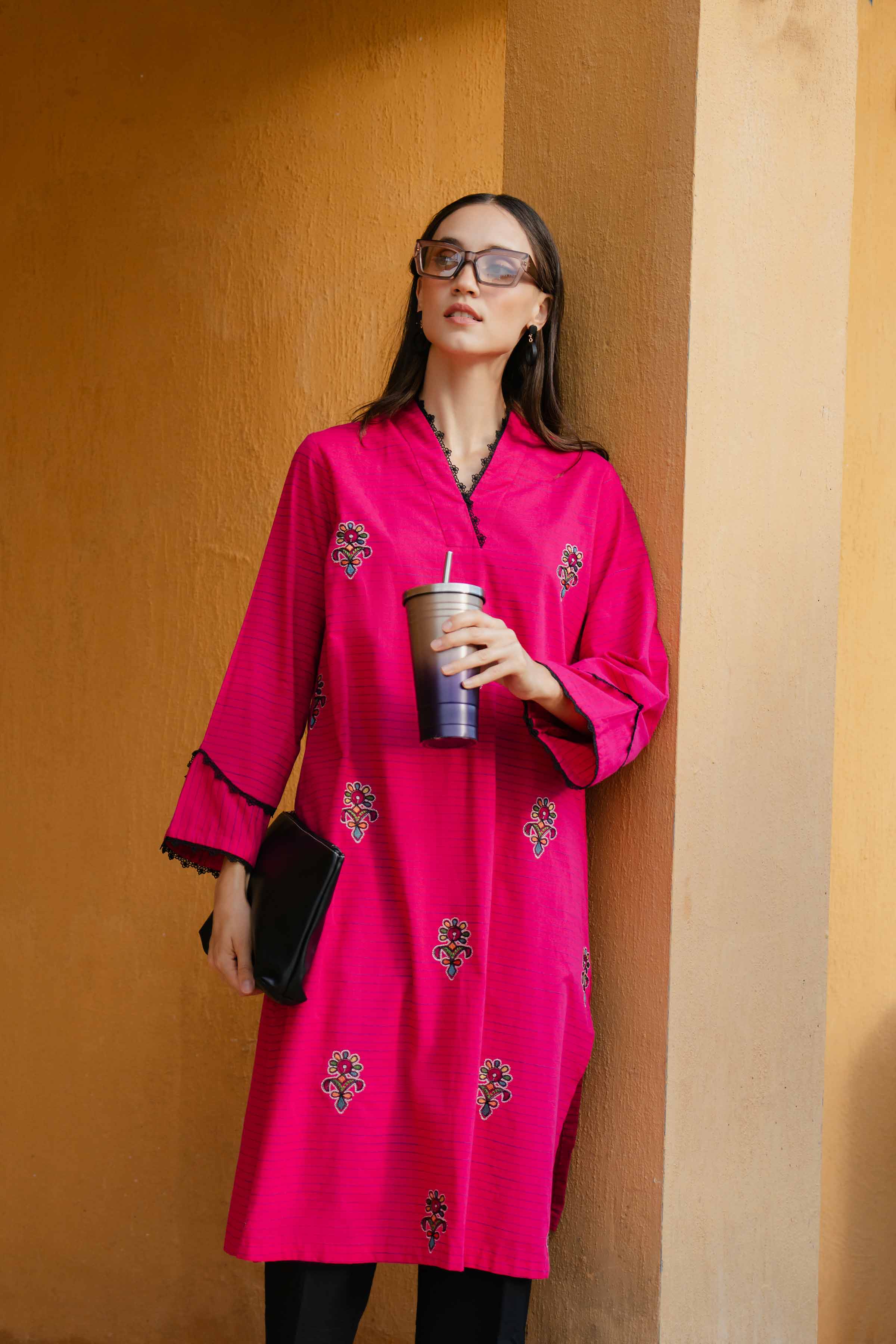 NishatUK - Pink Embroidered   Yarn Dyed 1-piece ready to wear Shirt