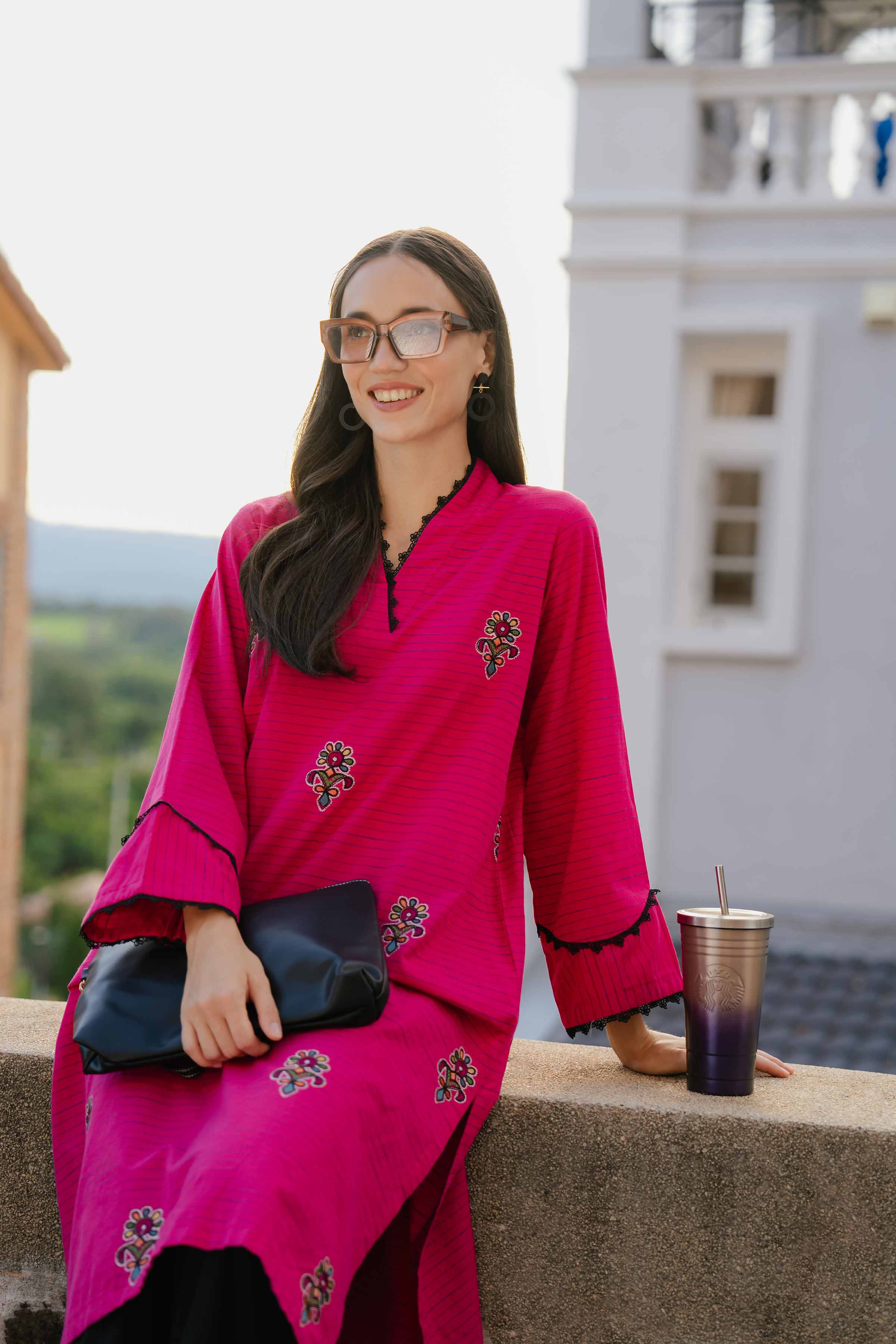 NishatUK - Pink Embroidered   Yarn Dyed 1-piece ready to wear Shirt