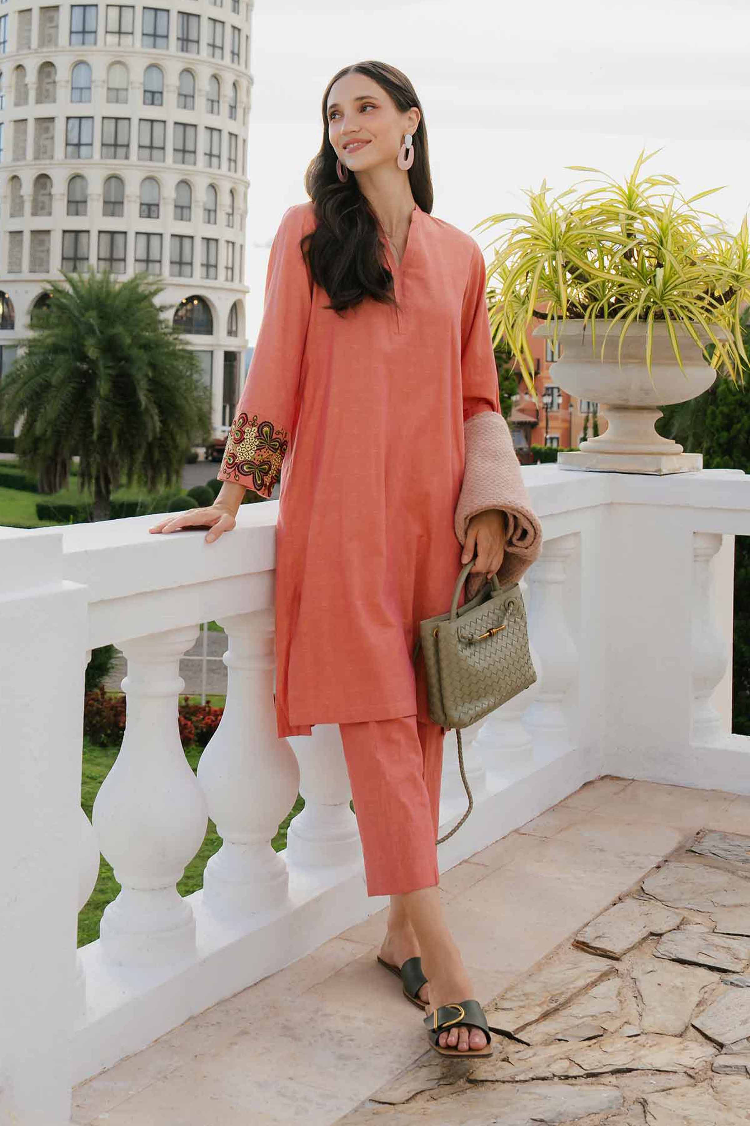 NishatUK - Rust Embroidered   Yarn Dyed 2-piece ready to wear Dress