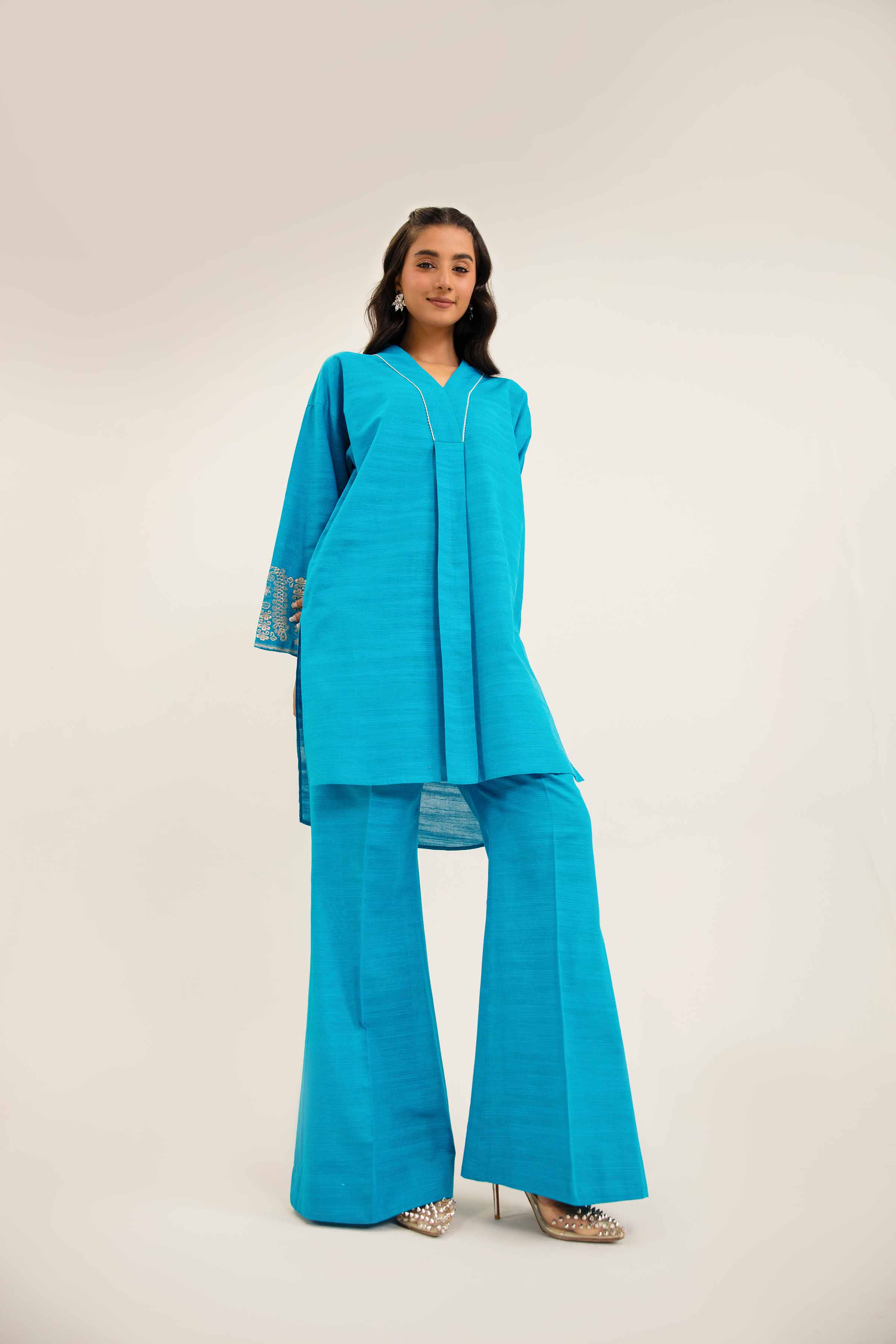 NishatUK - Teal Embroidered  Khaddar 2-piece ready to wear Dress