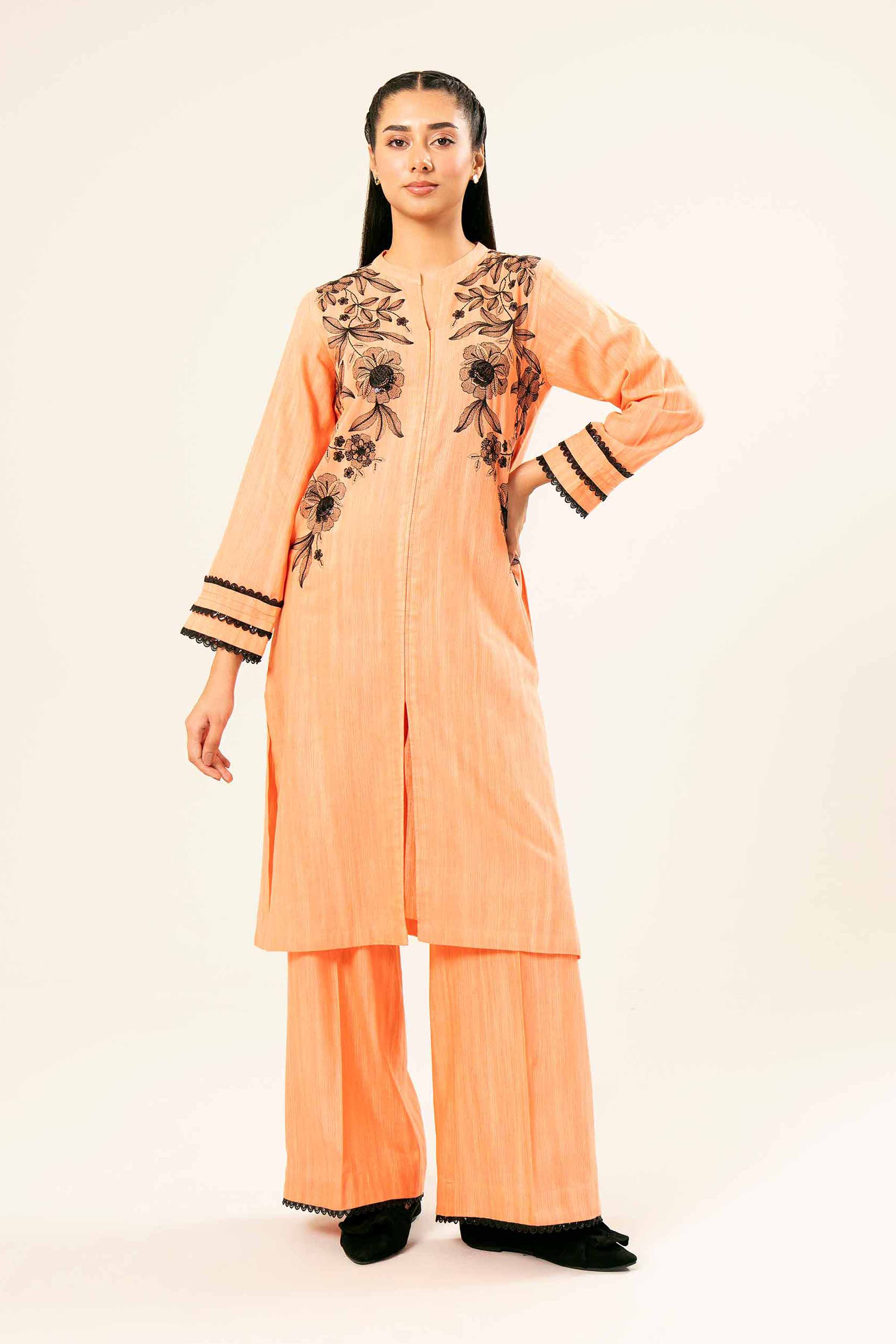 NishatUK - Orange Embroidered  Khaddar 2-piece ready to wear Dress