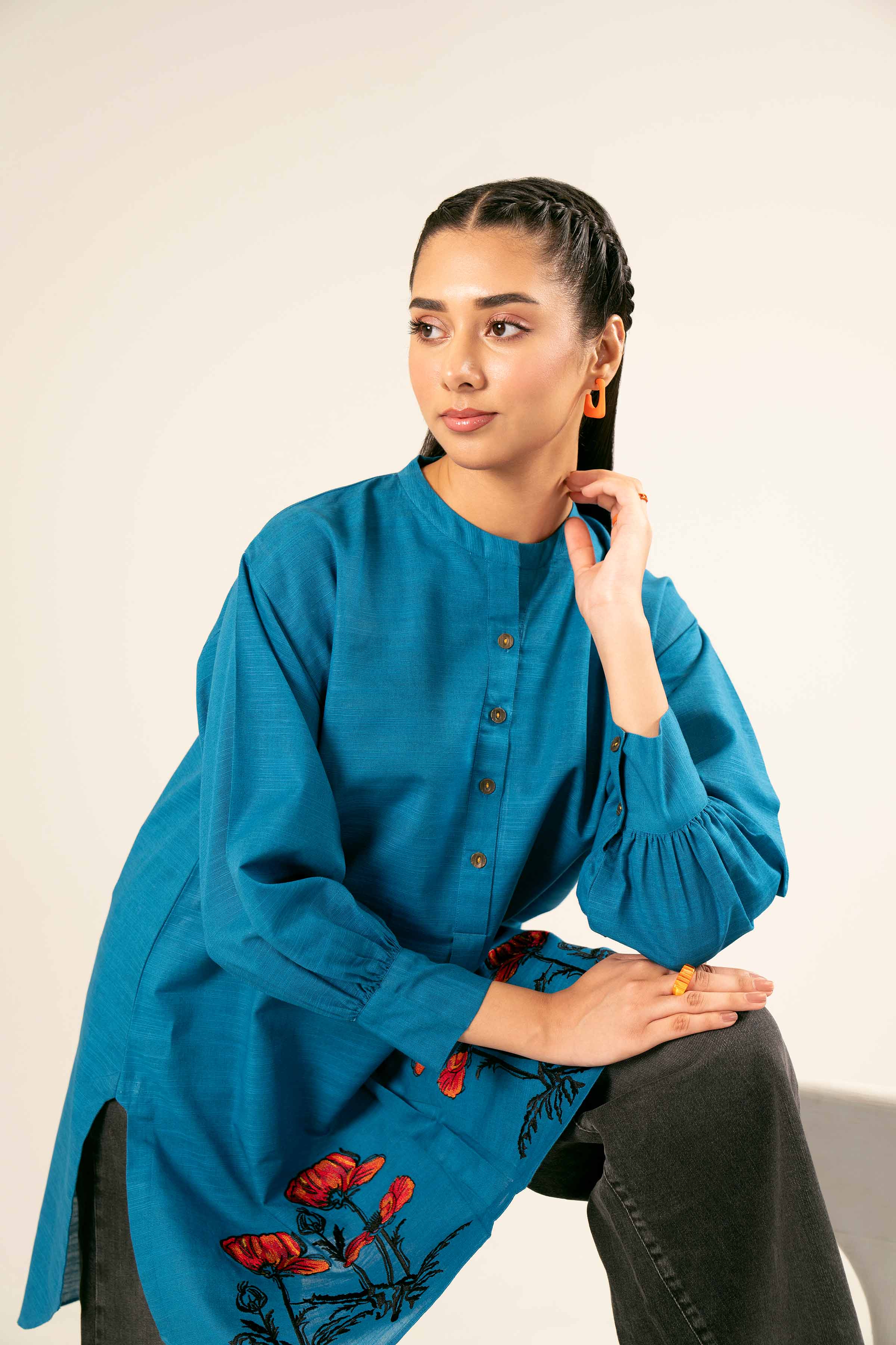 NishatUK - Brown Embroidered  Khaddar 1-piece ready to wear Tunic