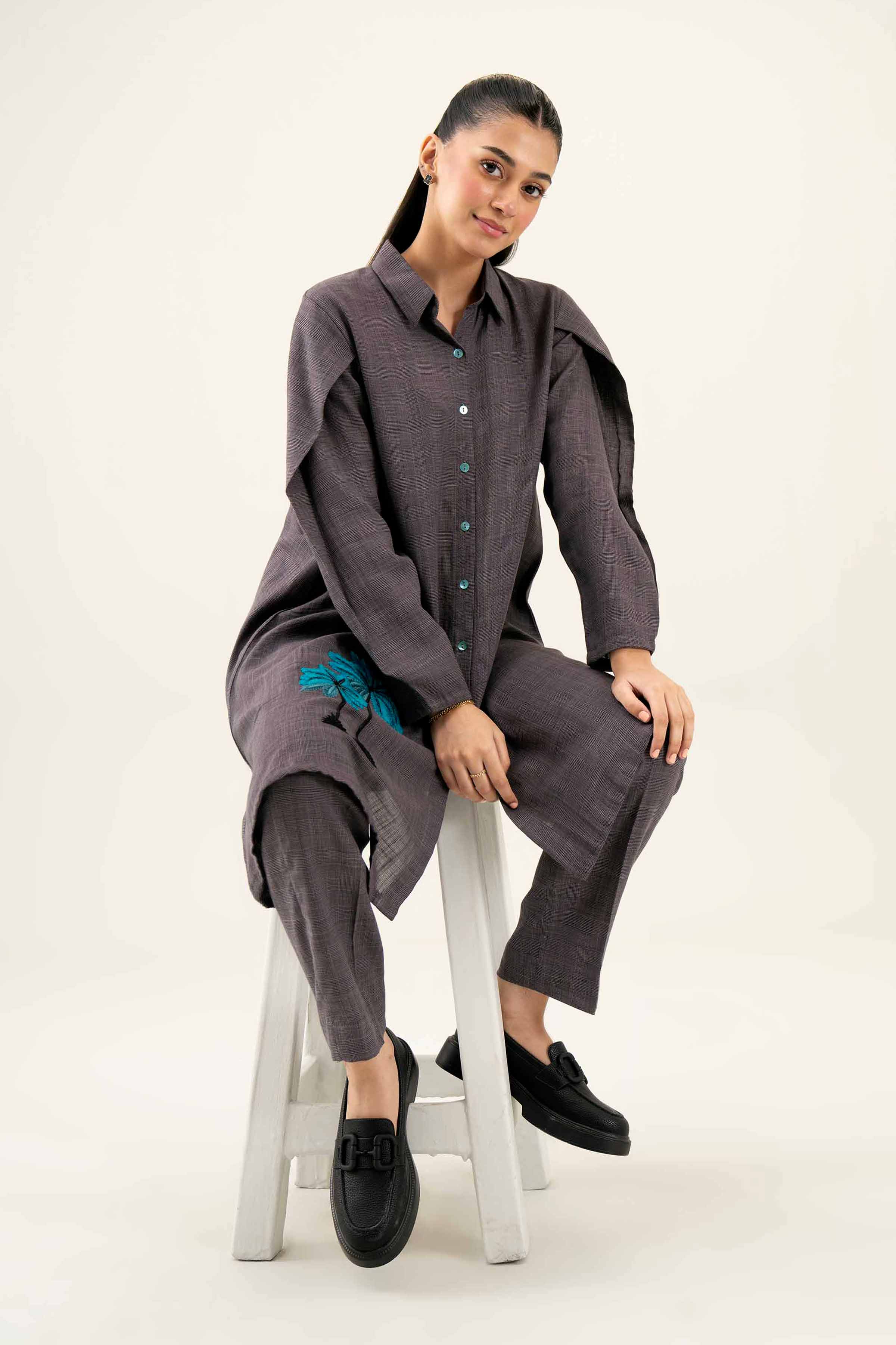 NishatUK - Brown Embroidered   Yarn Dyed 2-piece ready to wear Dress