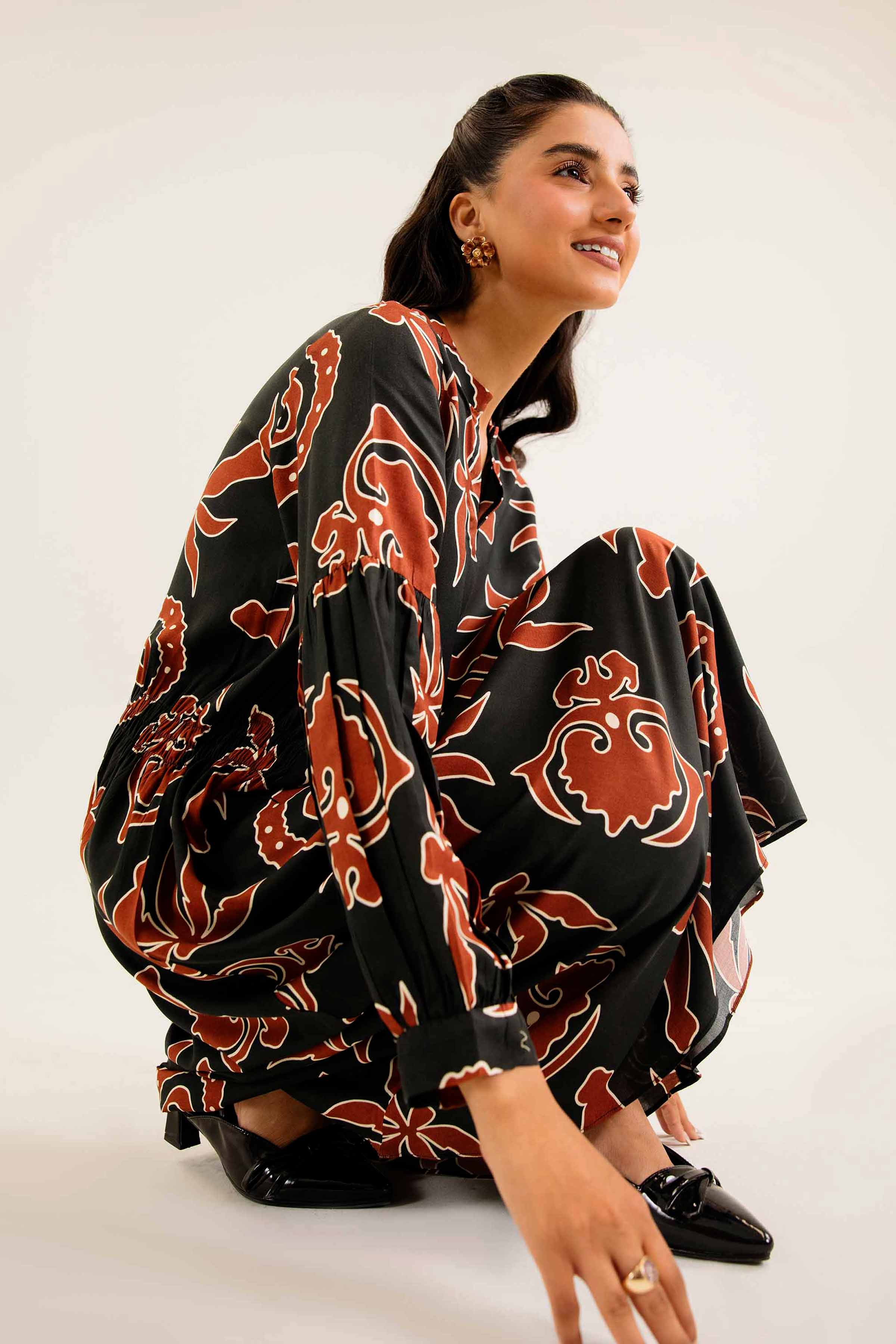 NishatUK - Black Printed Linen 1-piece ready to wear Dress