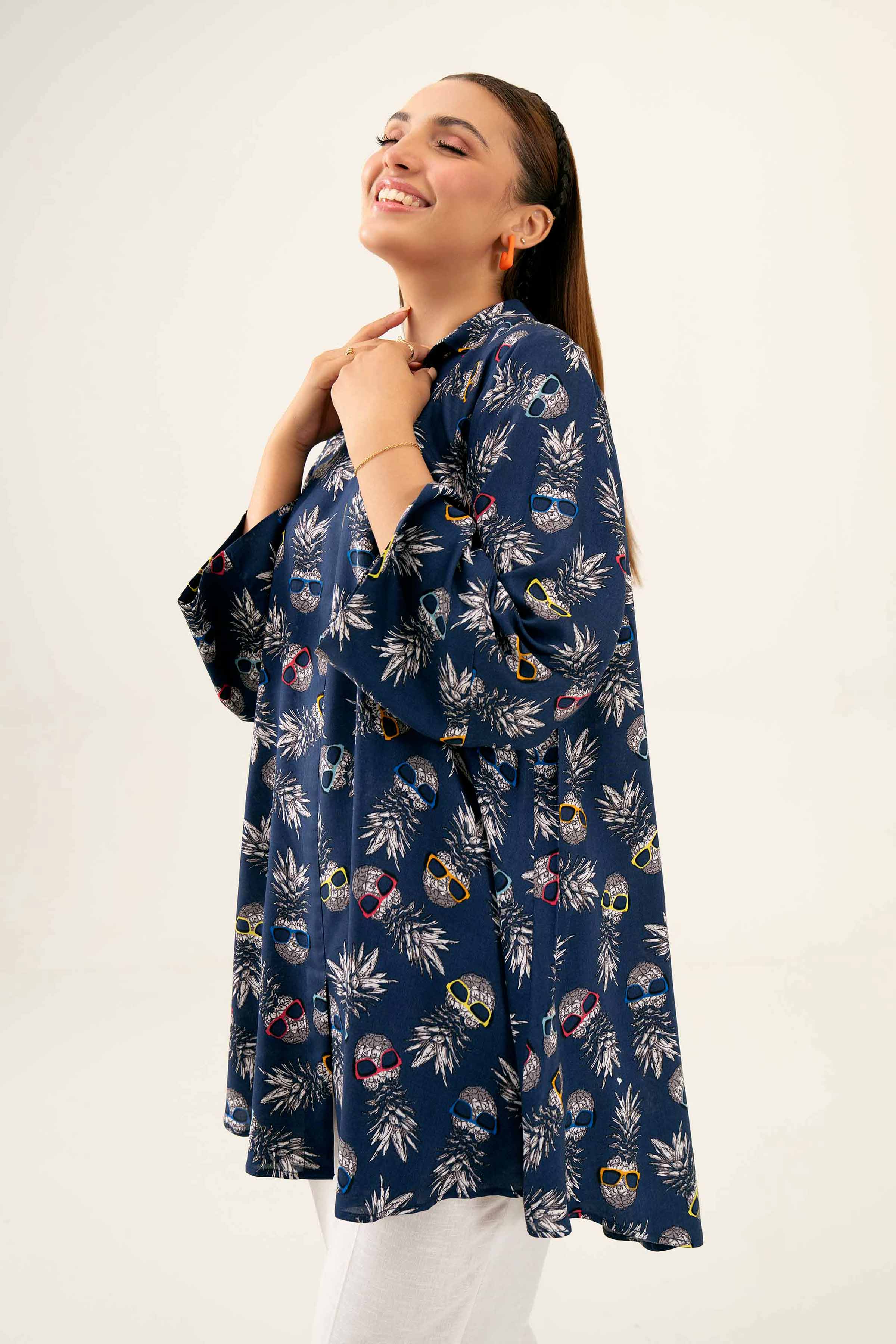NishatUK - Blue Printed Linen 1-piece ready to wear Tunic