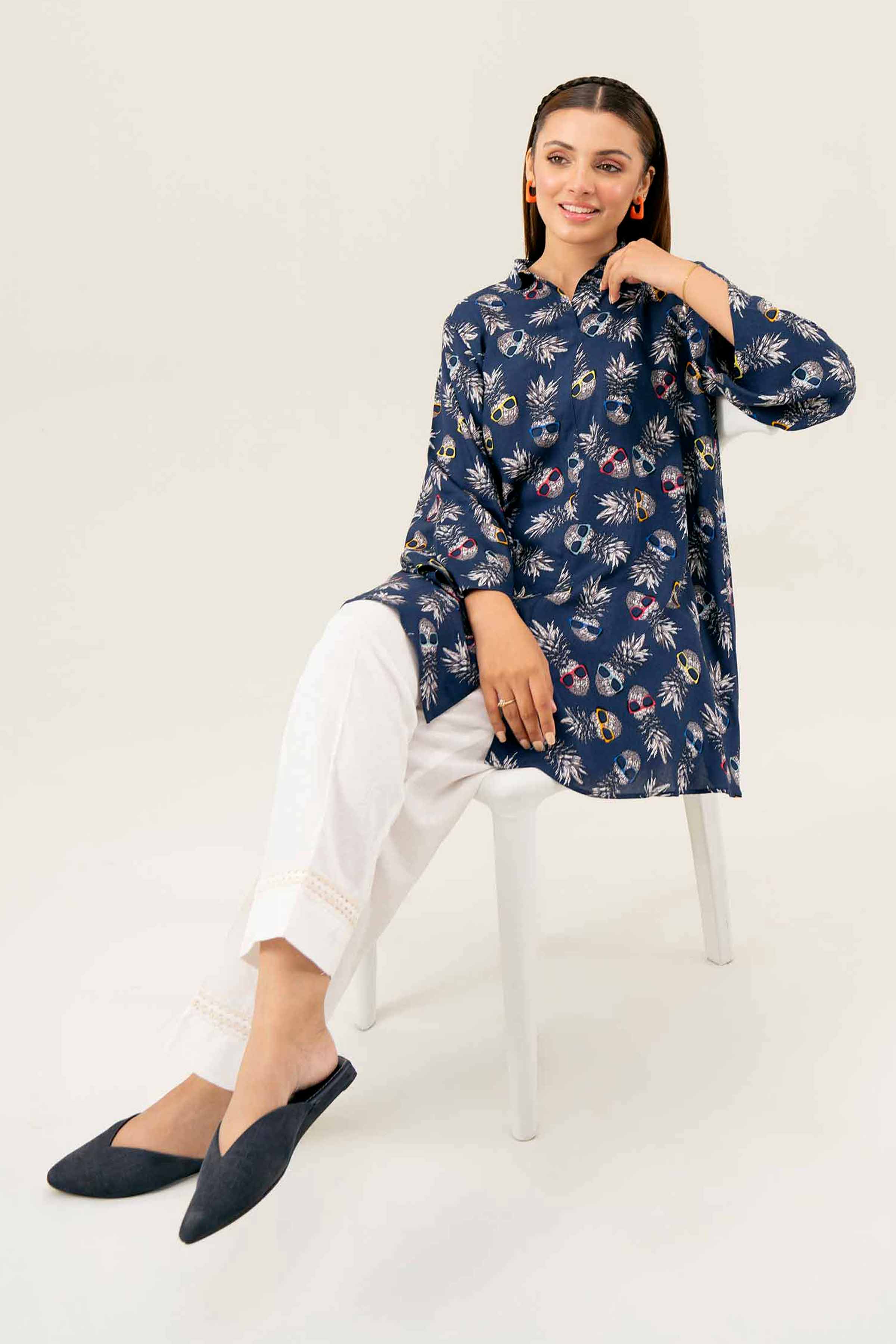 NishatUK - Blue Printed Linen 1-piece ready to wear Tunic