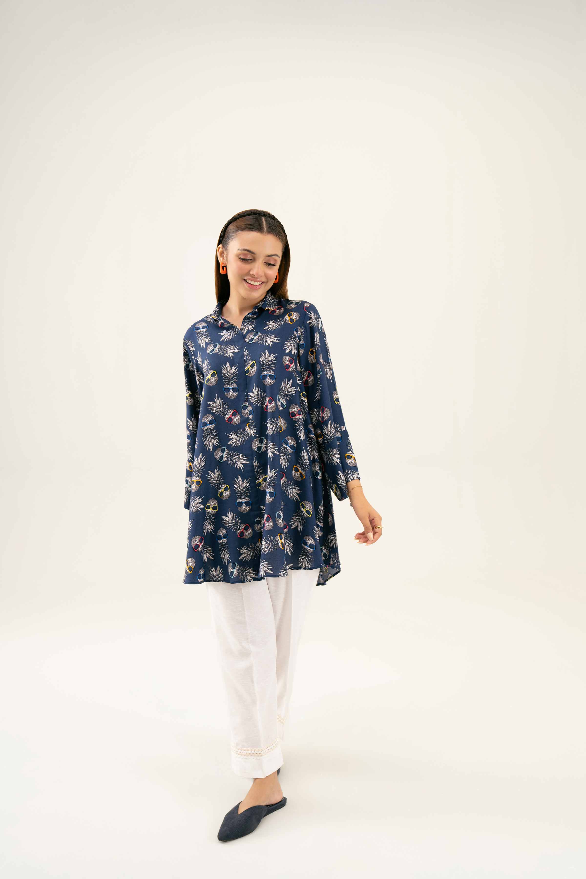 NishatUK - Blue Printed Linen 1-piece ready to wear Tunic