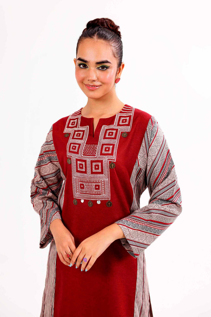 2 Piece Printed Embroidered Maroon Karandi Winter Suit