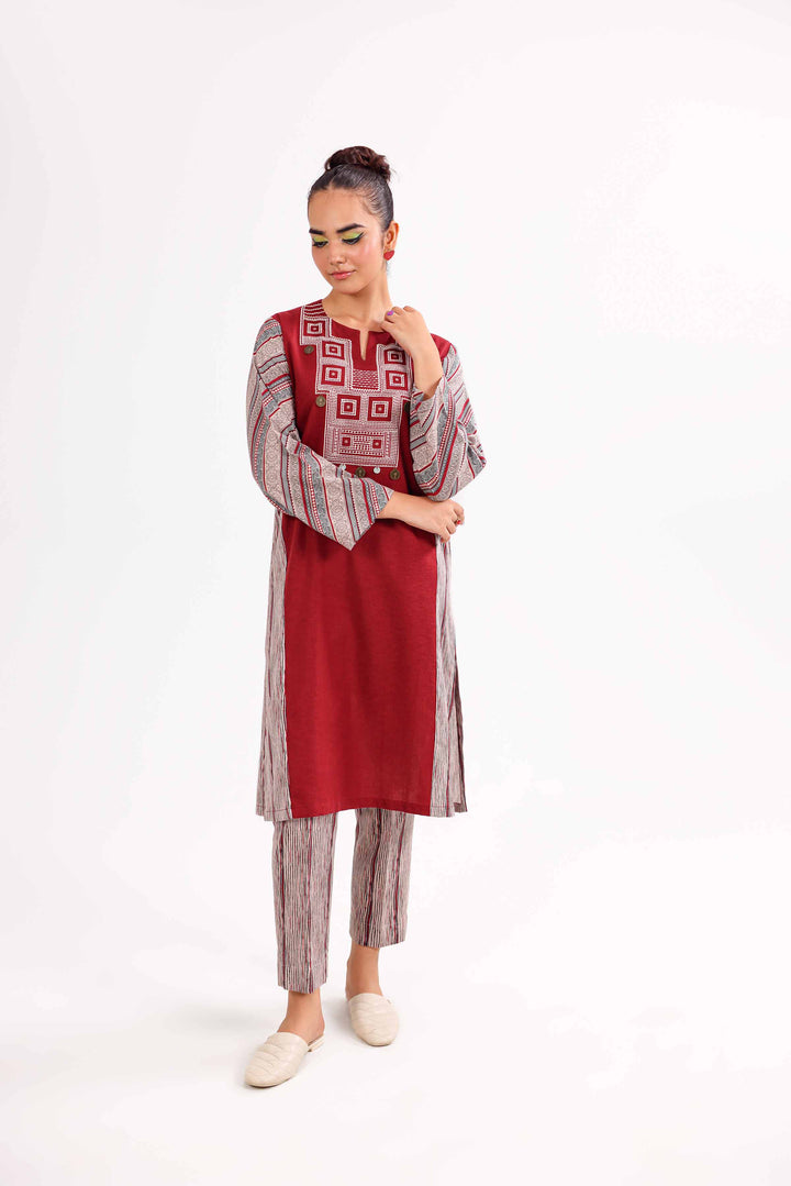 2 Piece Printed Embroidered Maroon Karandi Winter Suit