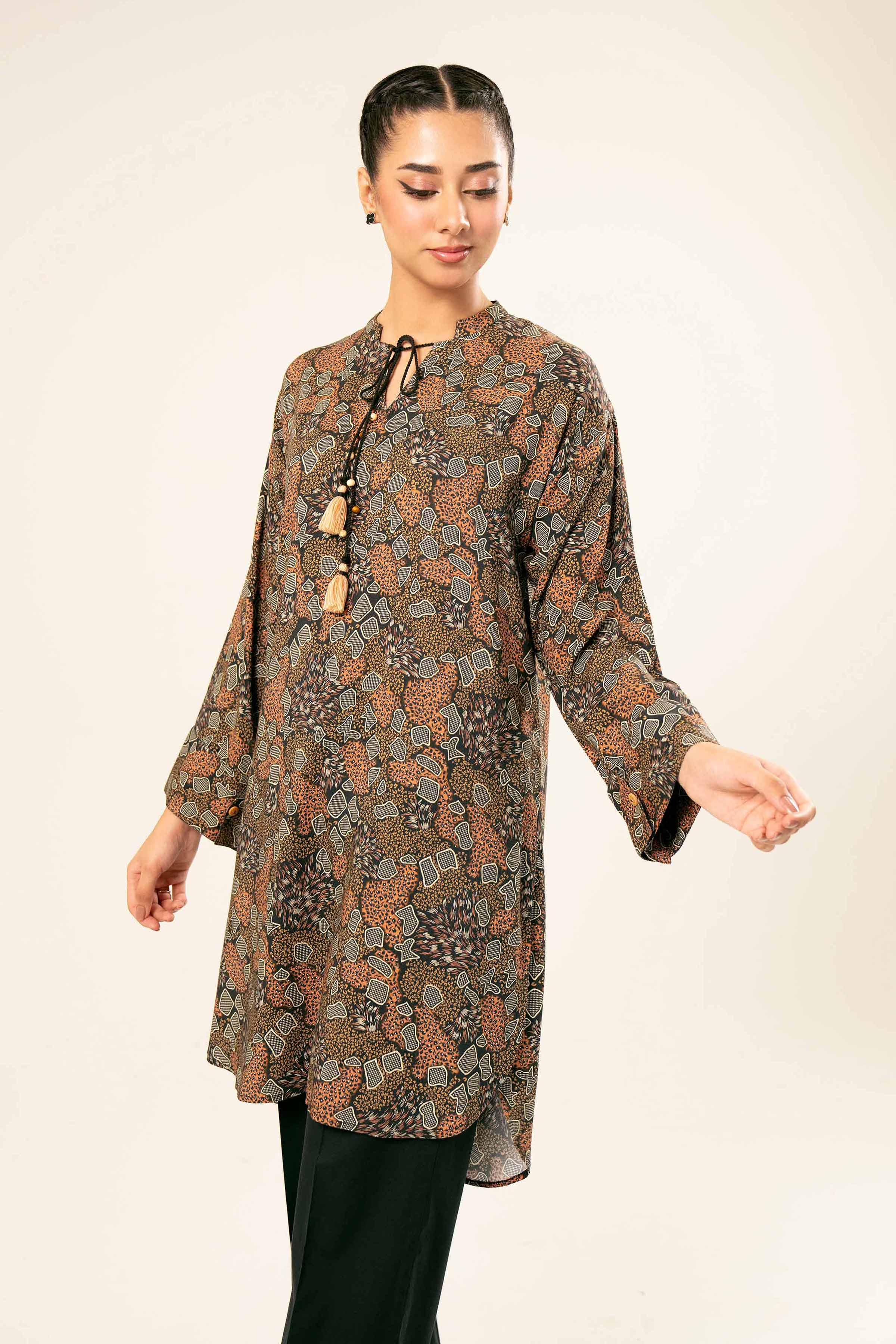 NishatUK - Brown Printed Linen 1-piece ready to wear Tunic