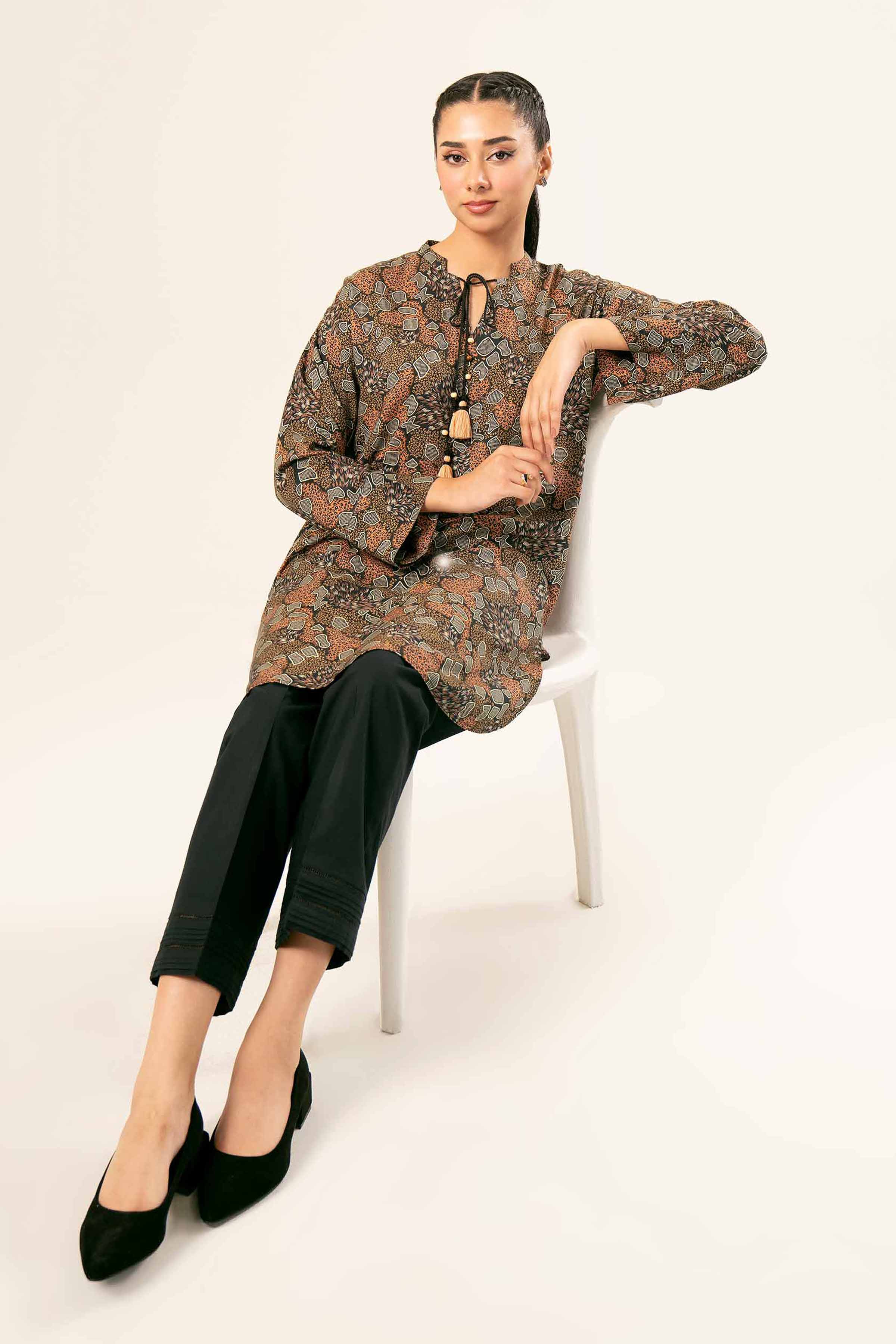 NishatUK - Brown Printed Linen 1-piece ready to wear Tunic