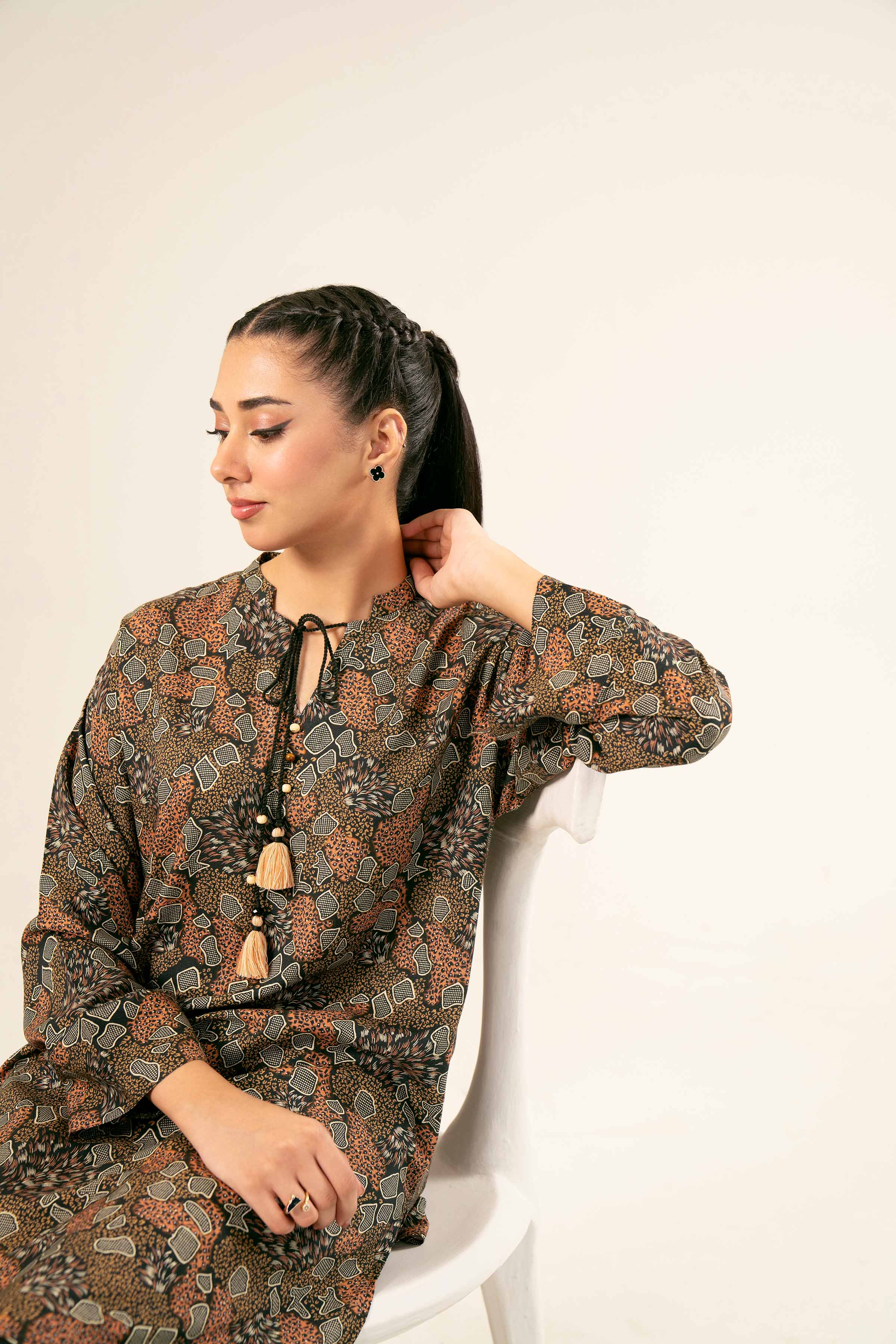 NishatUK - Brown Printed Linen 1-piece ready to wear Tunic
