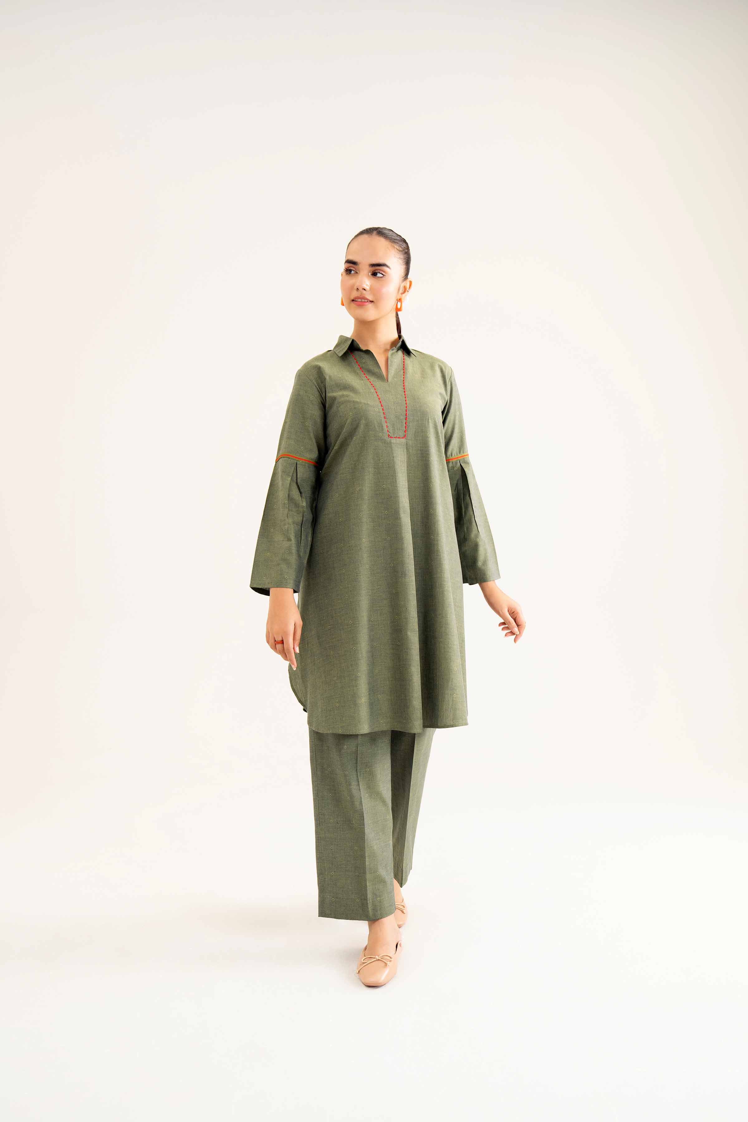 NishatUK - Green Solids  Yarn Dyed 2-piece ready to wear Dress