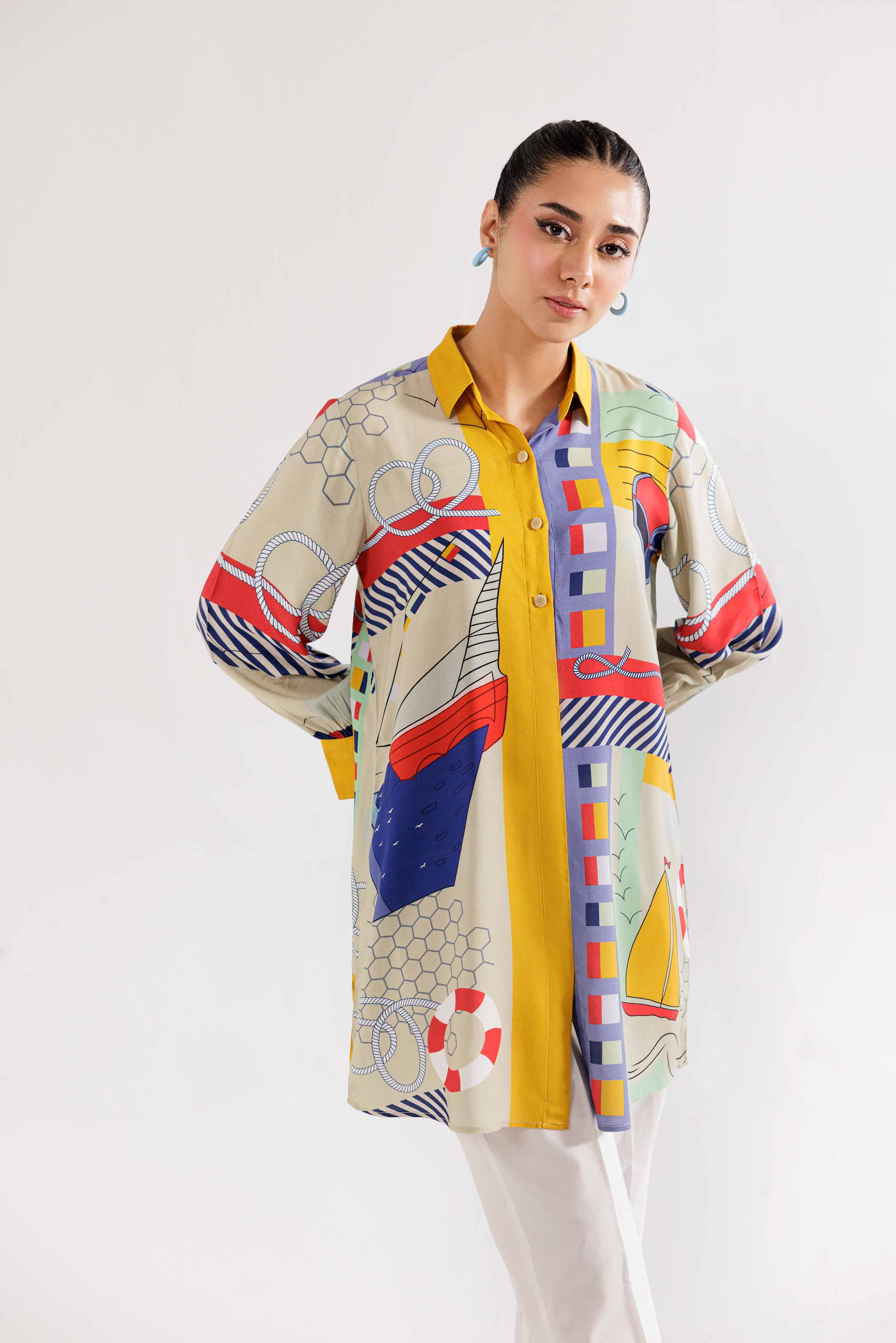 NishatUK - Beige Printed Linen 1-piece ready to wear Tunic