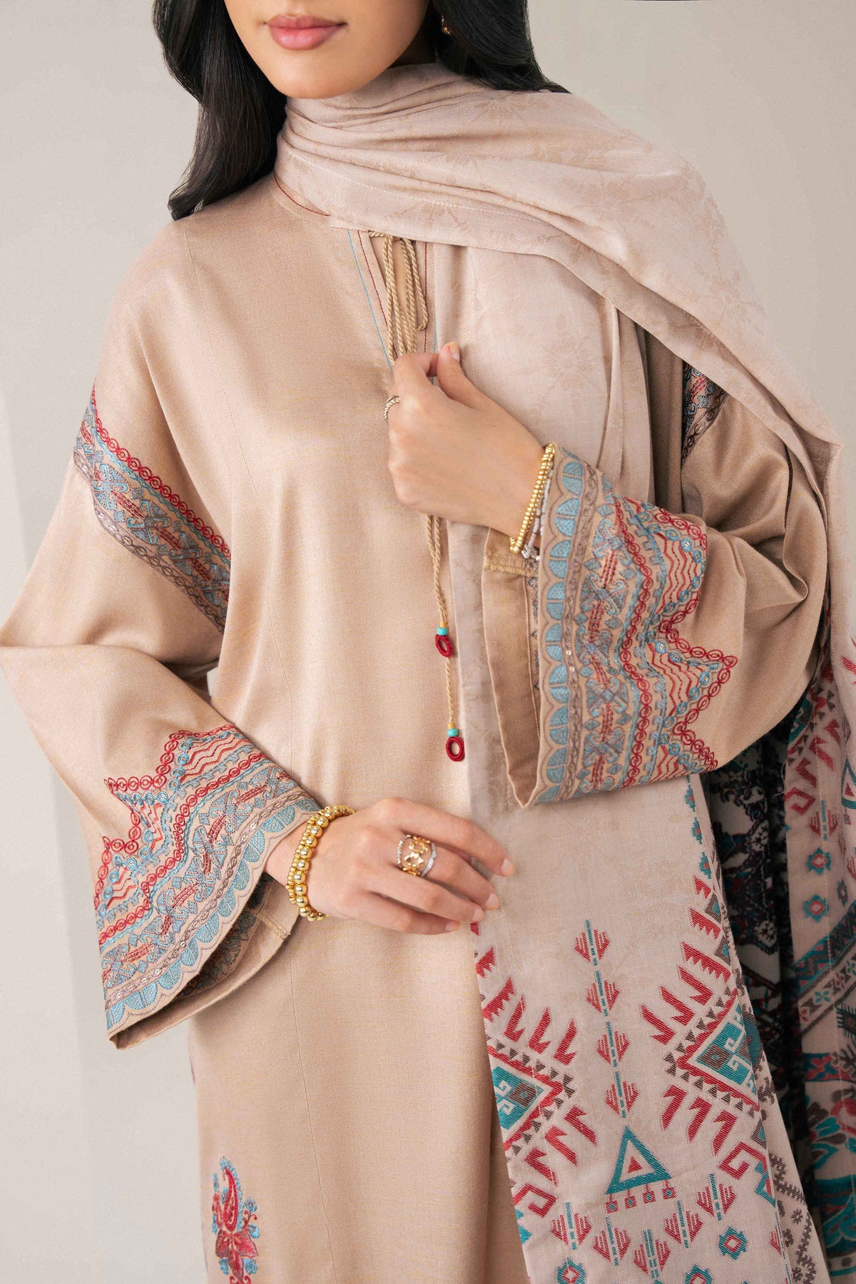 Nishat UK - Beige Embroidered New Weft Lurix 2 Pieces ready to wear Dress