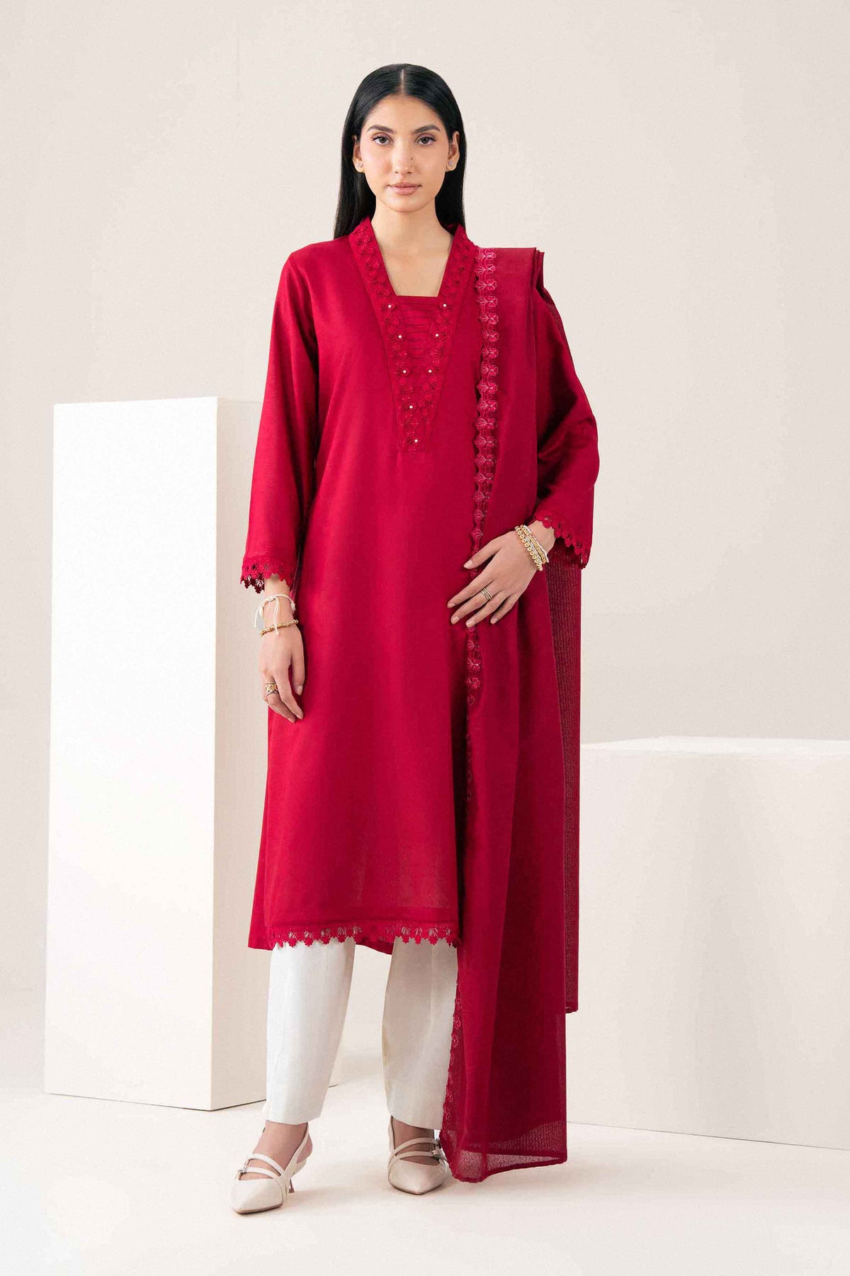 Nishat UK - Red Embroidered Karandi 2 Pieces ready to wear Dress
