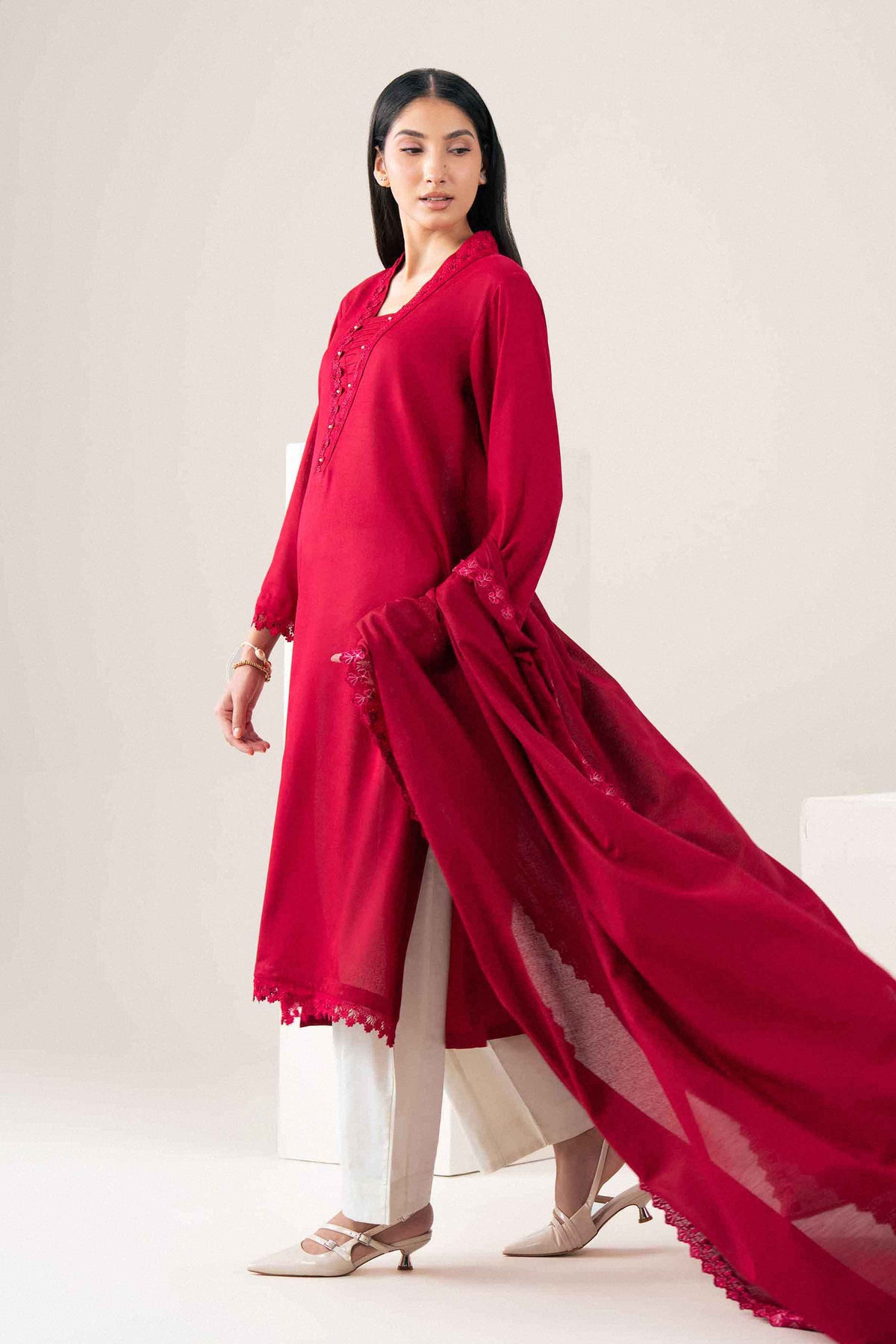 Nishat UK - Red Embroidered Karandi 2 Pieces ready to wear Dress