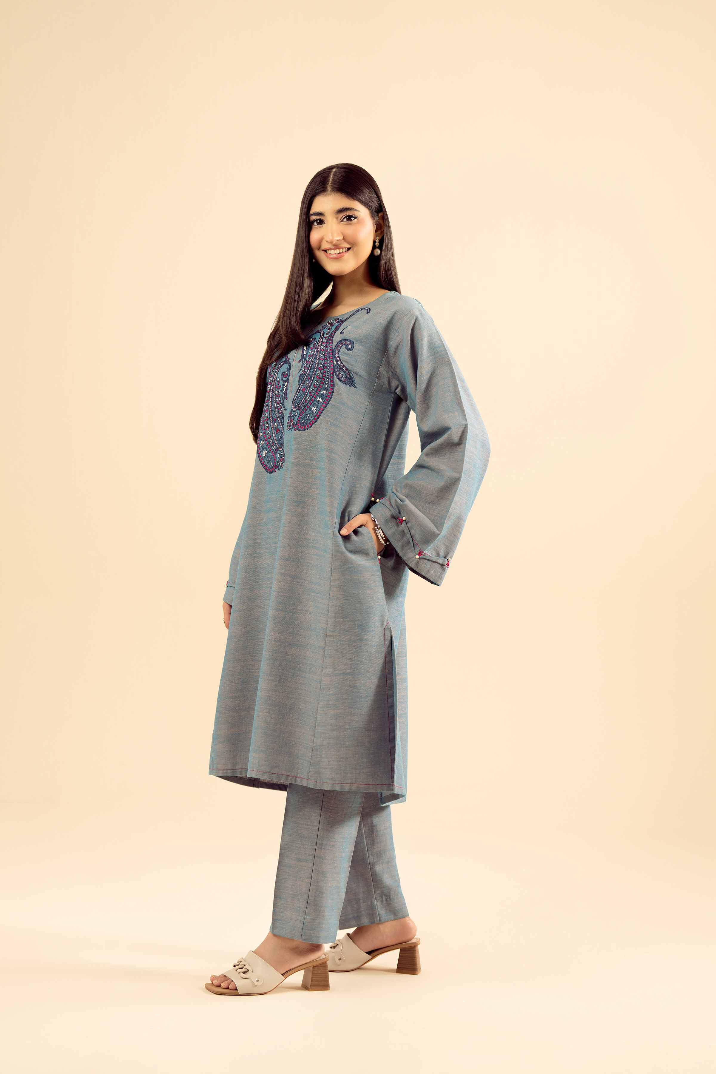 NishatUK - Blue Embroidered Khaddar 2-piece ready to wear Dress
