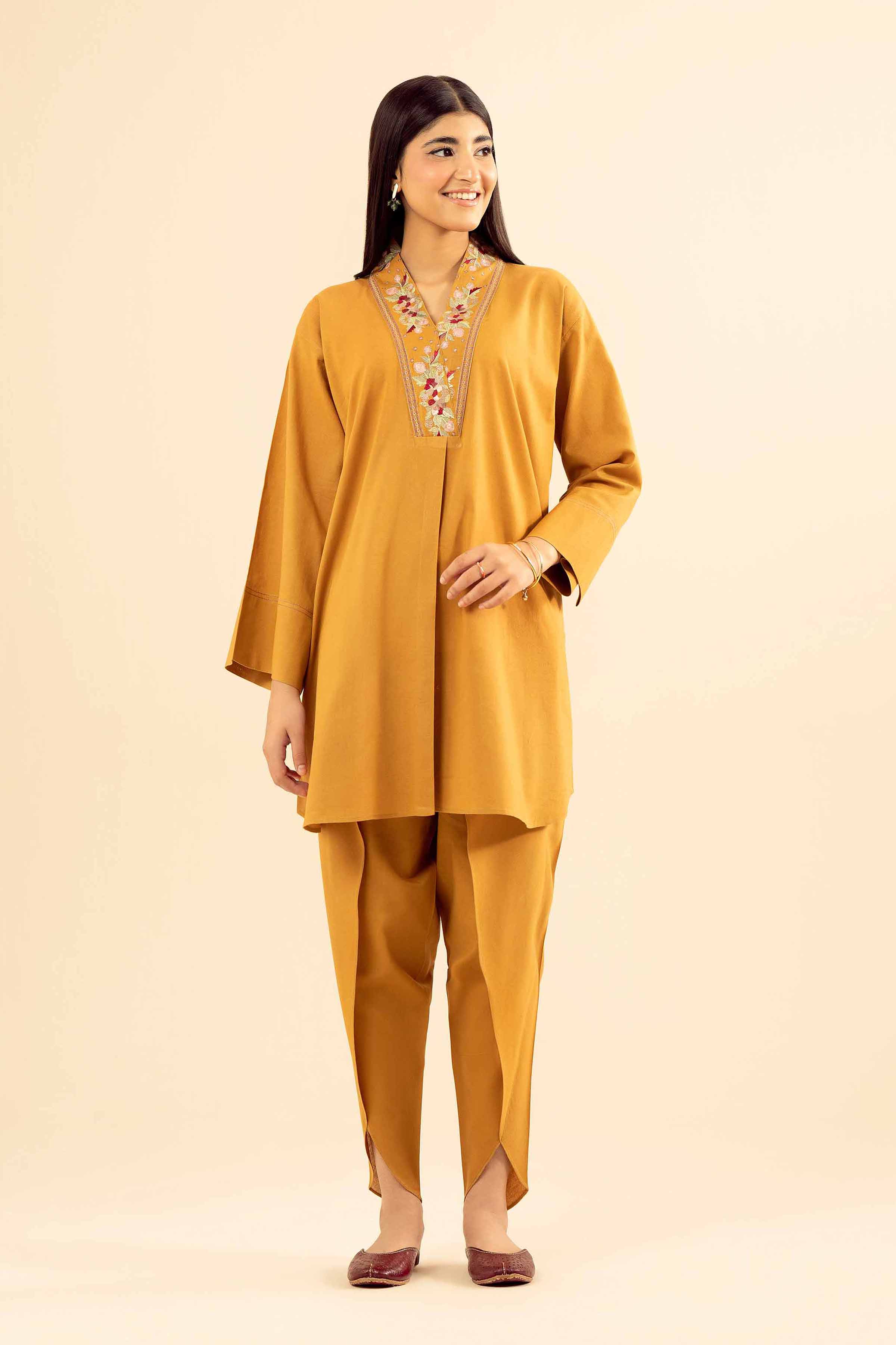 NishatUK - Mustard Embroidered Cotton 2-piece ready to wear Dress
