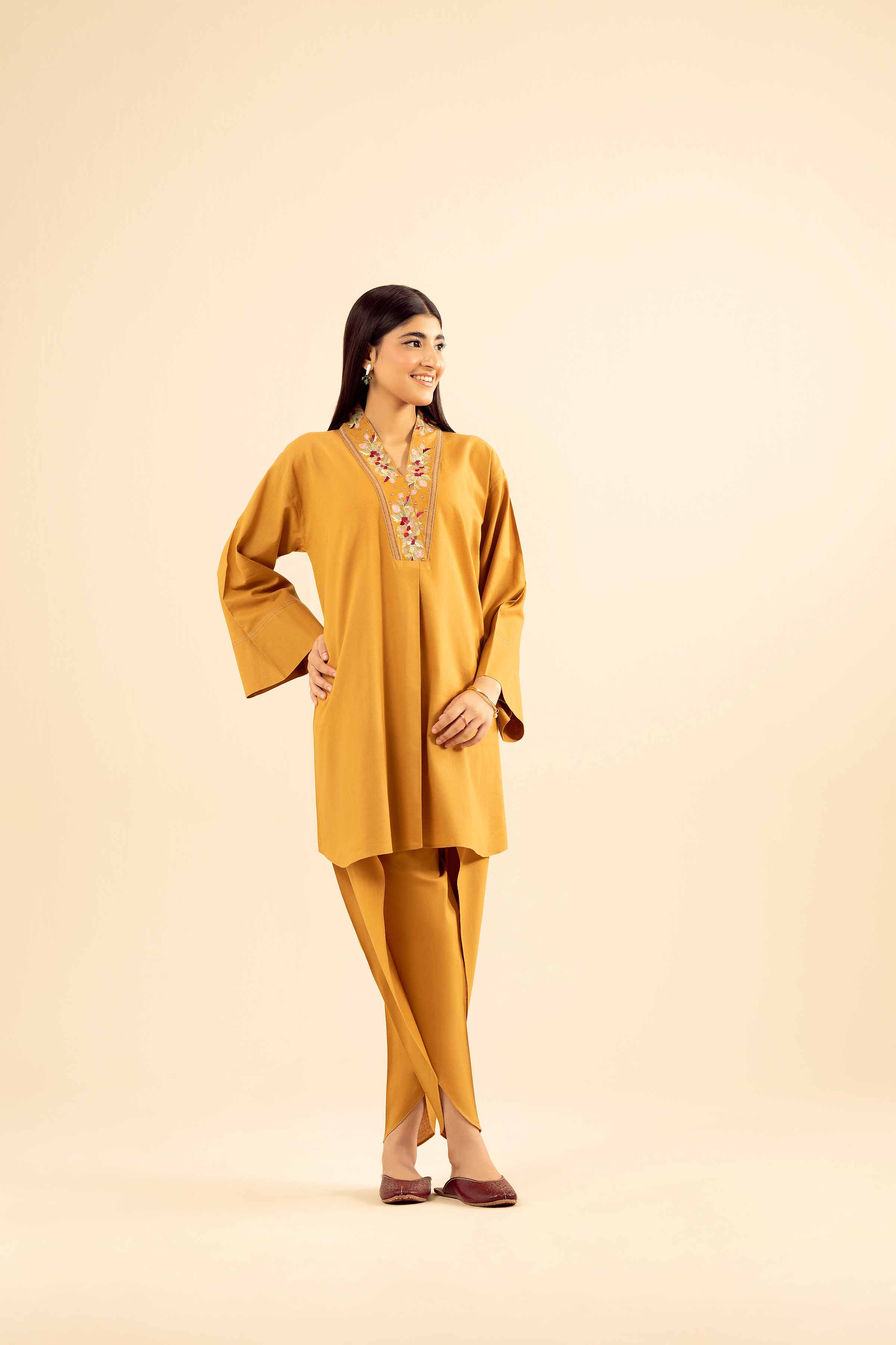 NishatUK - Mustard Embroidered Cotton 2-piece ready to wear Dress