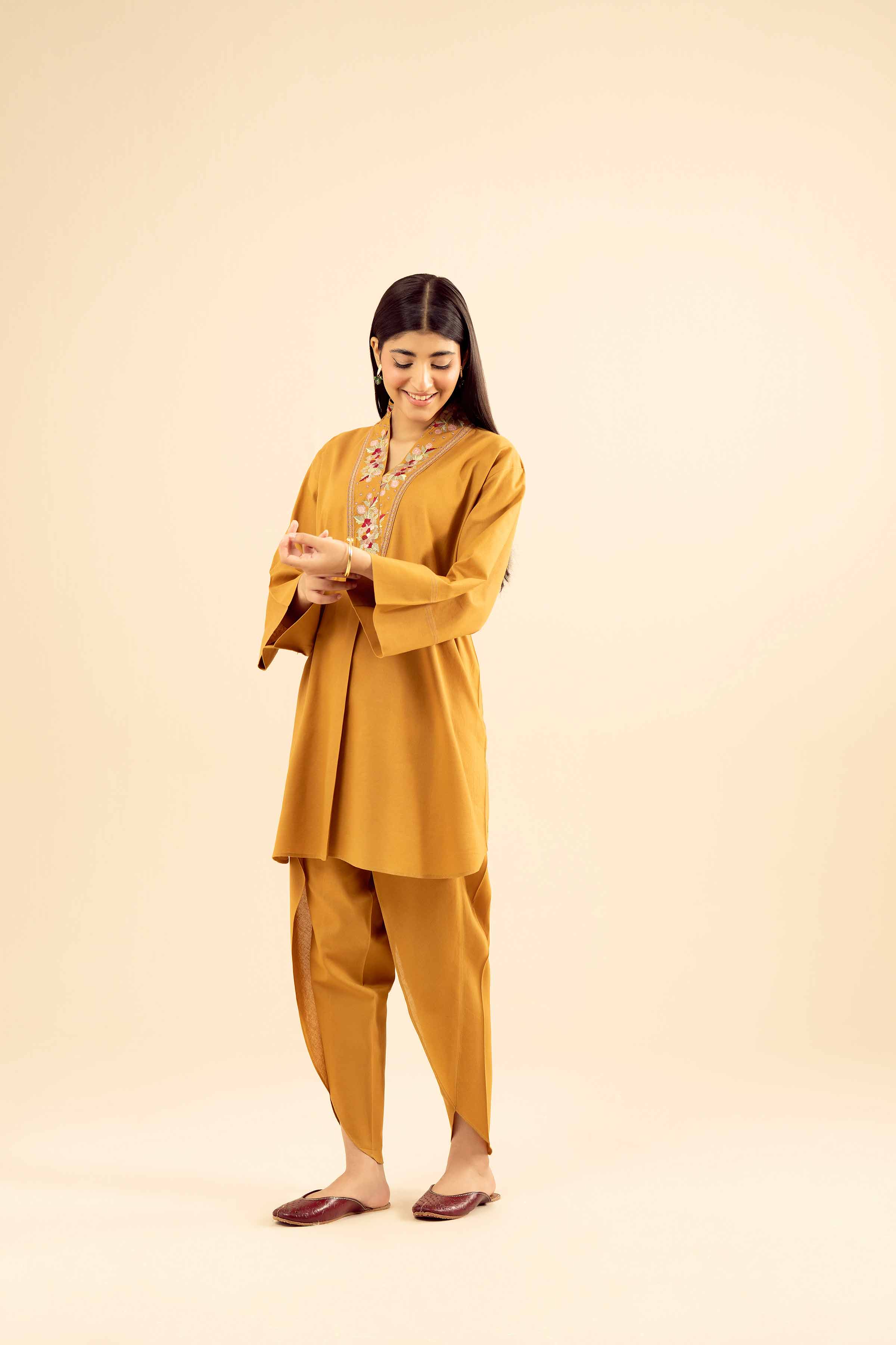 NishatUK - Mustard Embroidered Cotton 2-piece ready to wear Dress