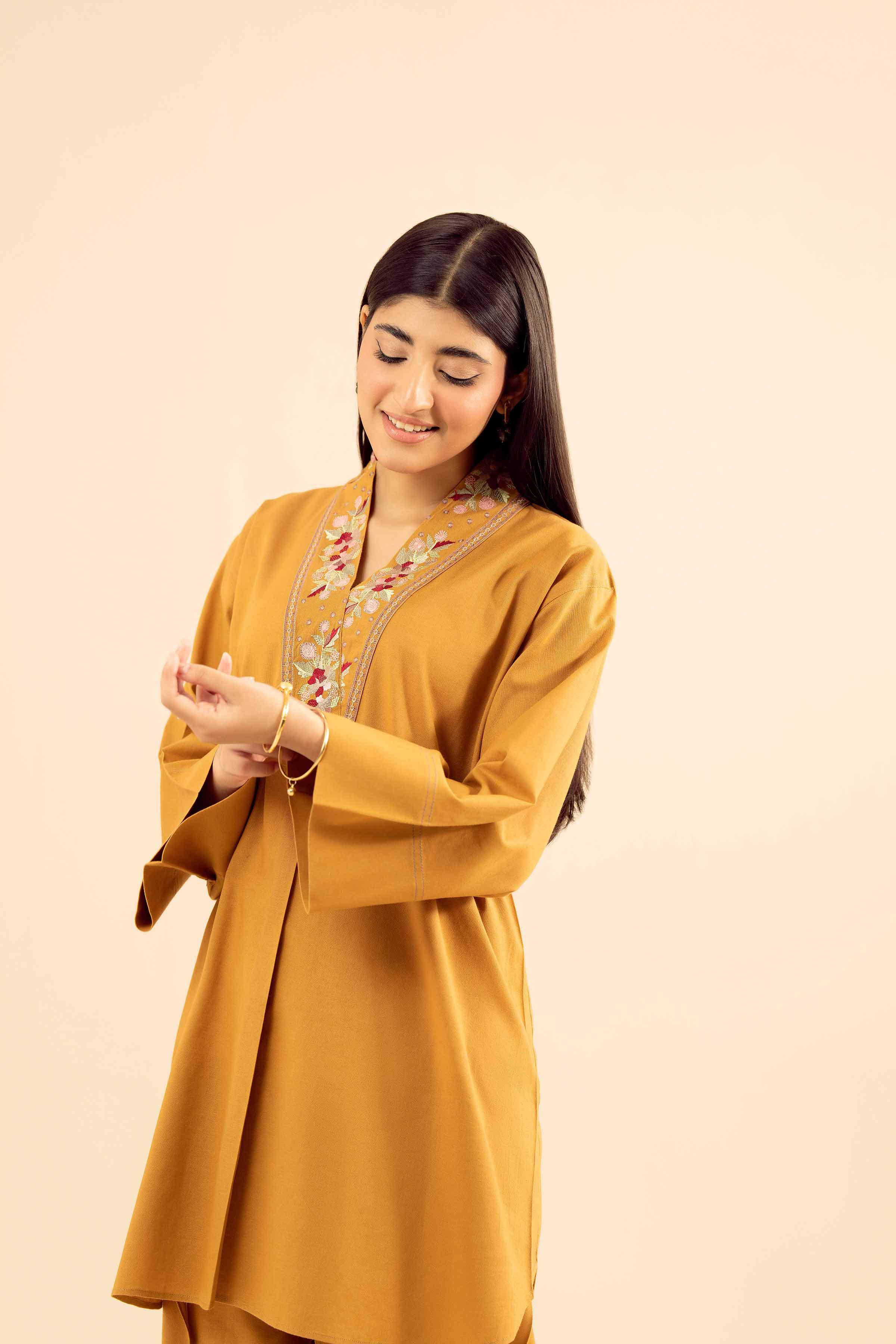 NishatUK - Mustard Embroidered Cotton 2-piece ready to wear Dress