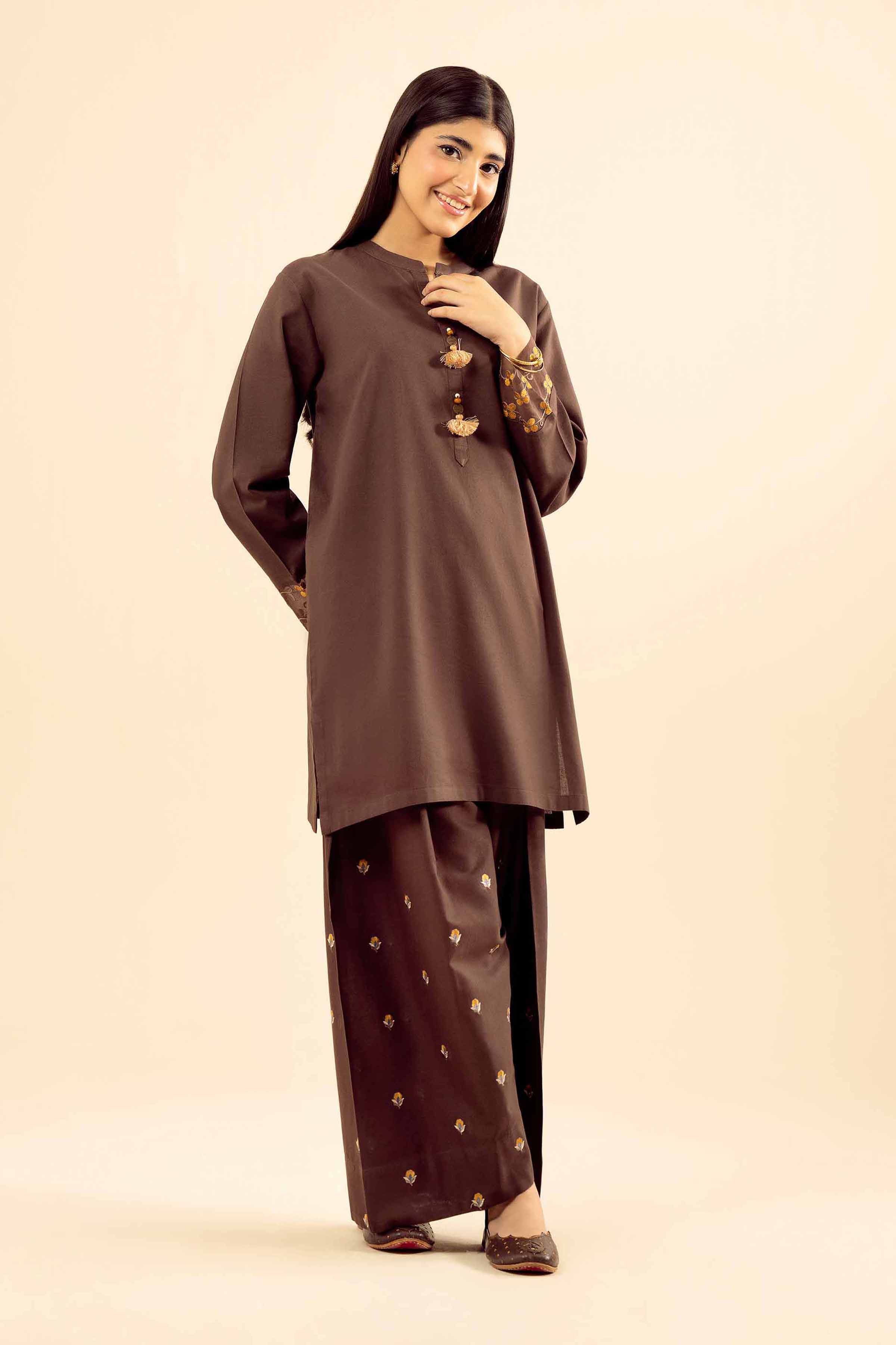 NishatUK - Brown Embroidered Cotton 2-piece ready to wear Dress
