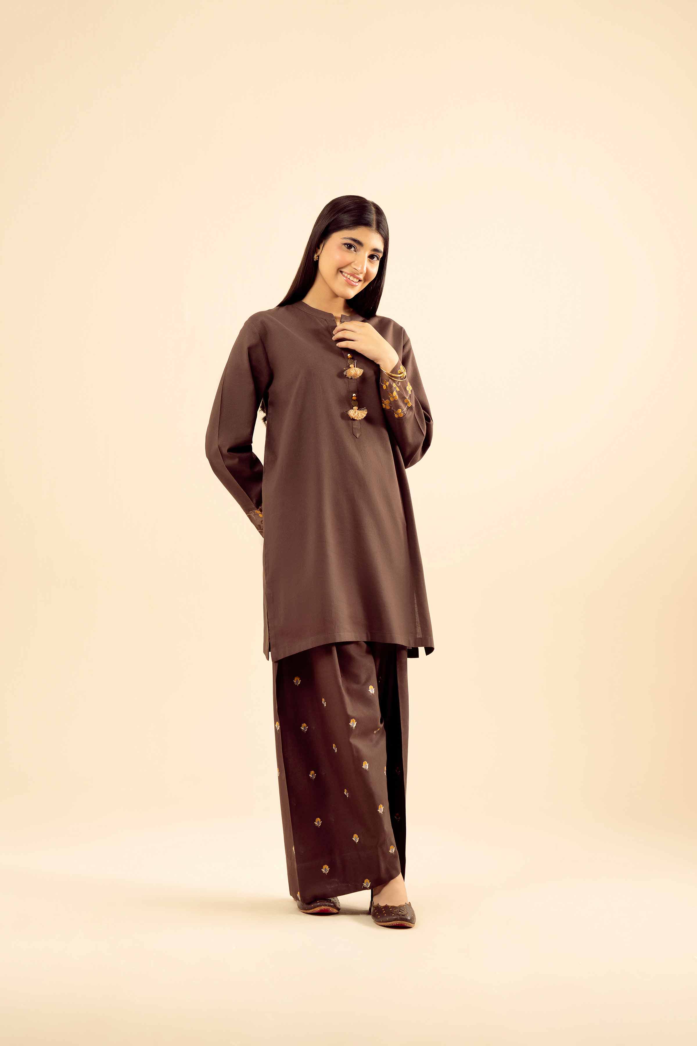 NishatUK - Brown Embroidered Cotton 2-piece ready to wear Dress